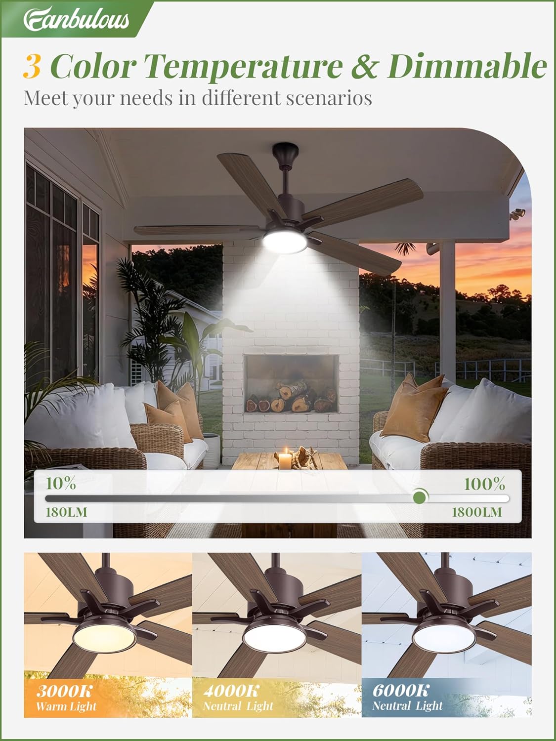 Fanbulous 52" Outdoor Ceiling Fans with Light for Patios, IP65 Waterproof Gazebo Fan, Plug in Ceiling Fan with Remote, 3CCT 6-Speed Oil-Bronze Ceiling Fan with Hanging Hook for Porch, Pergola,Canopy