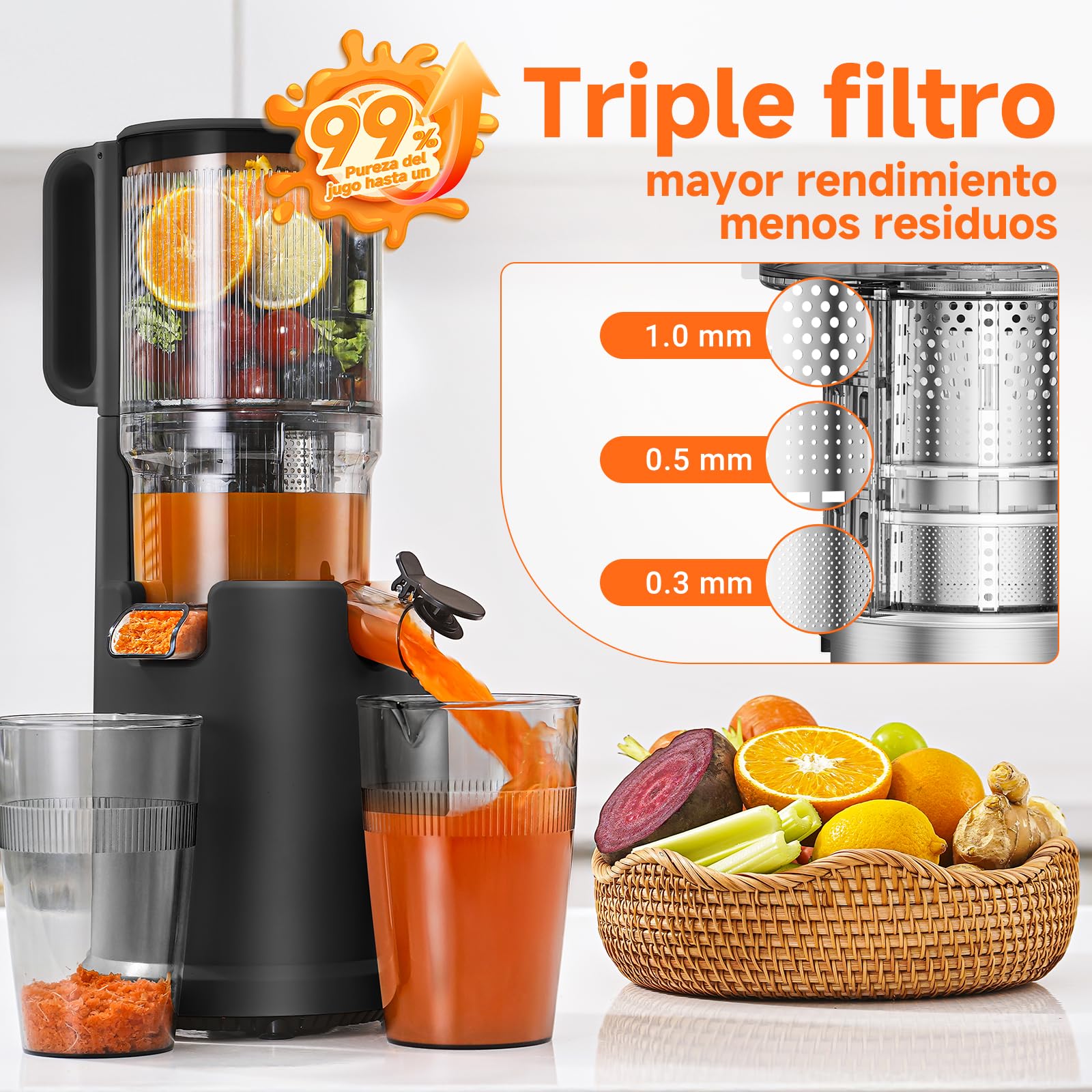 AOBOSI - Exprimidor lento de 135 mm XXL, orificio de llenado, 90 RPM, motor de cobre silencioso, sin BPA, alto rendimiento de zumo, para verduras y frutas, función de masticación inversa, ganador de