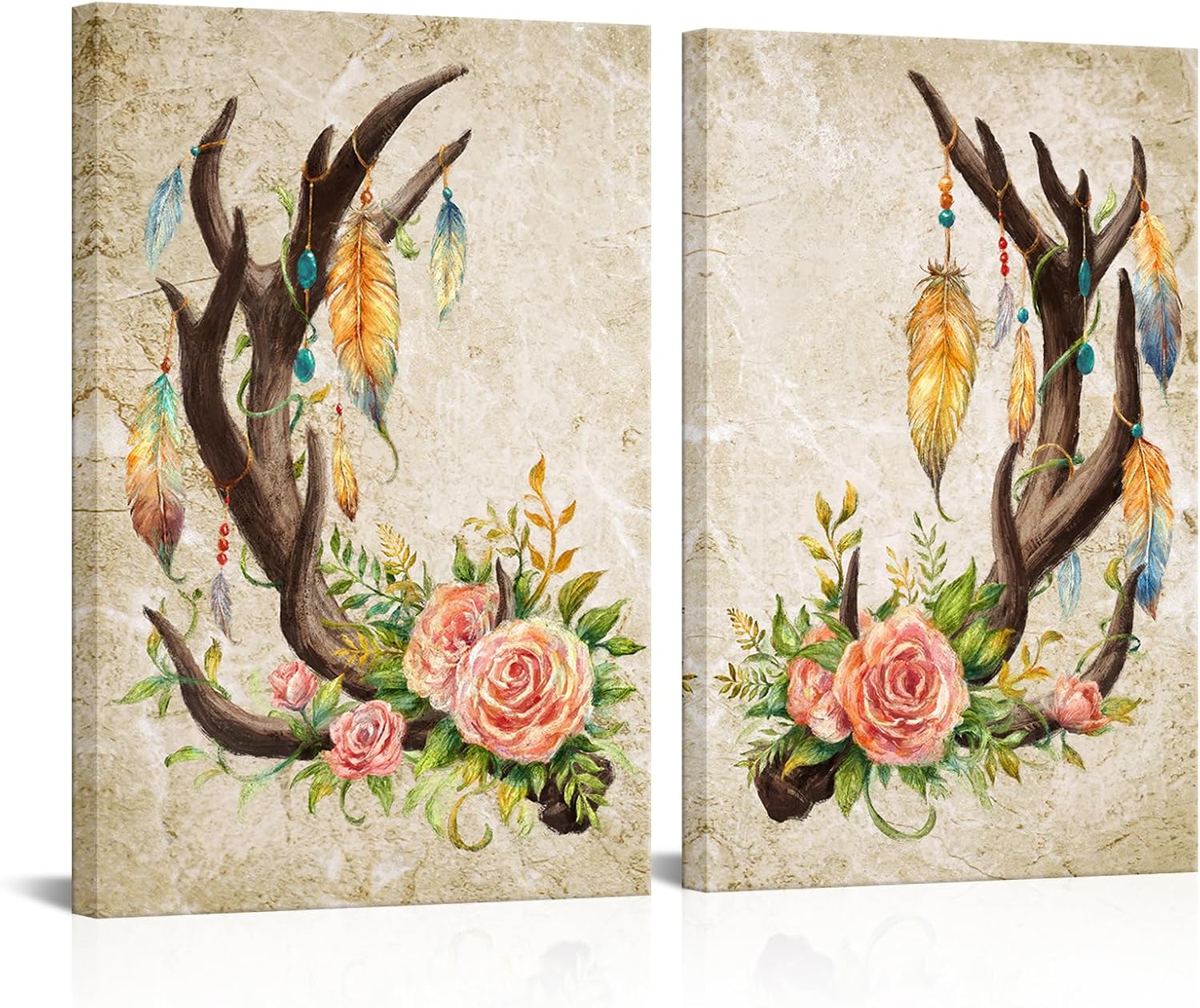 DuoBaorom 2 Pieces Deer Antler Wall Art Farmhouse Bedroom Decor Abstract Feather Floral Elk Antler Picture 16"x24"