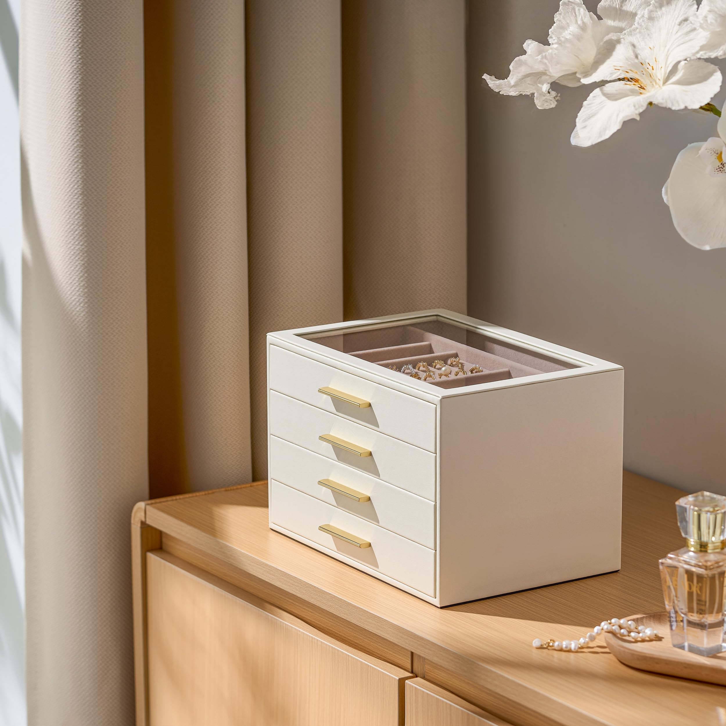 Joyero Organizador para con Ventana de Cristal, Caja Guardajoyas de 4 Capas | Cuero Blanco Marfil y Terciopelo Rosa - Estuche Organizador de Joyas para Anillos, Pendientes, Collares, Pulseras y Relojes,