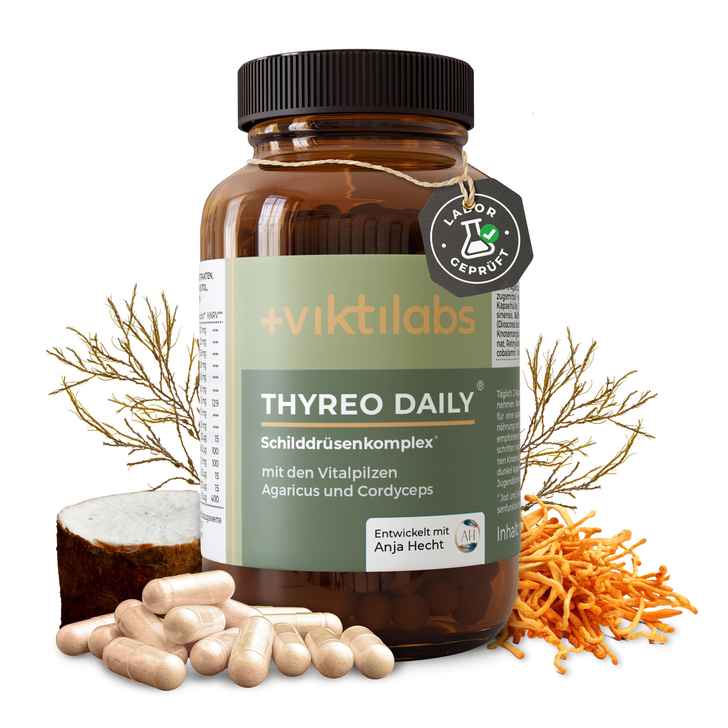 Thyreo Daily - mit Jod, Selen & L-Tyrosin für Schilddrüsen-Hormonproduktion - ergänzt mit Vitalpilzen Cordyceps & Agaricus blazei - 2 Kapseln pro Tag - 60 vegane - ohne Zusatzstoffe