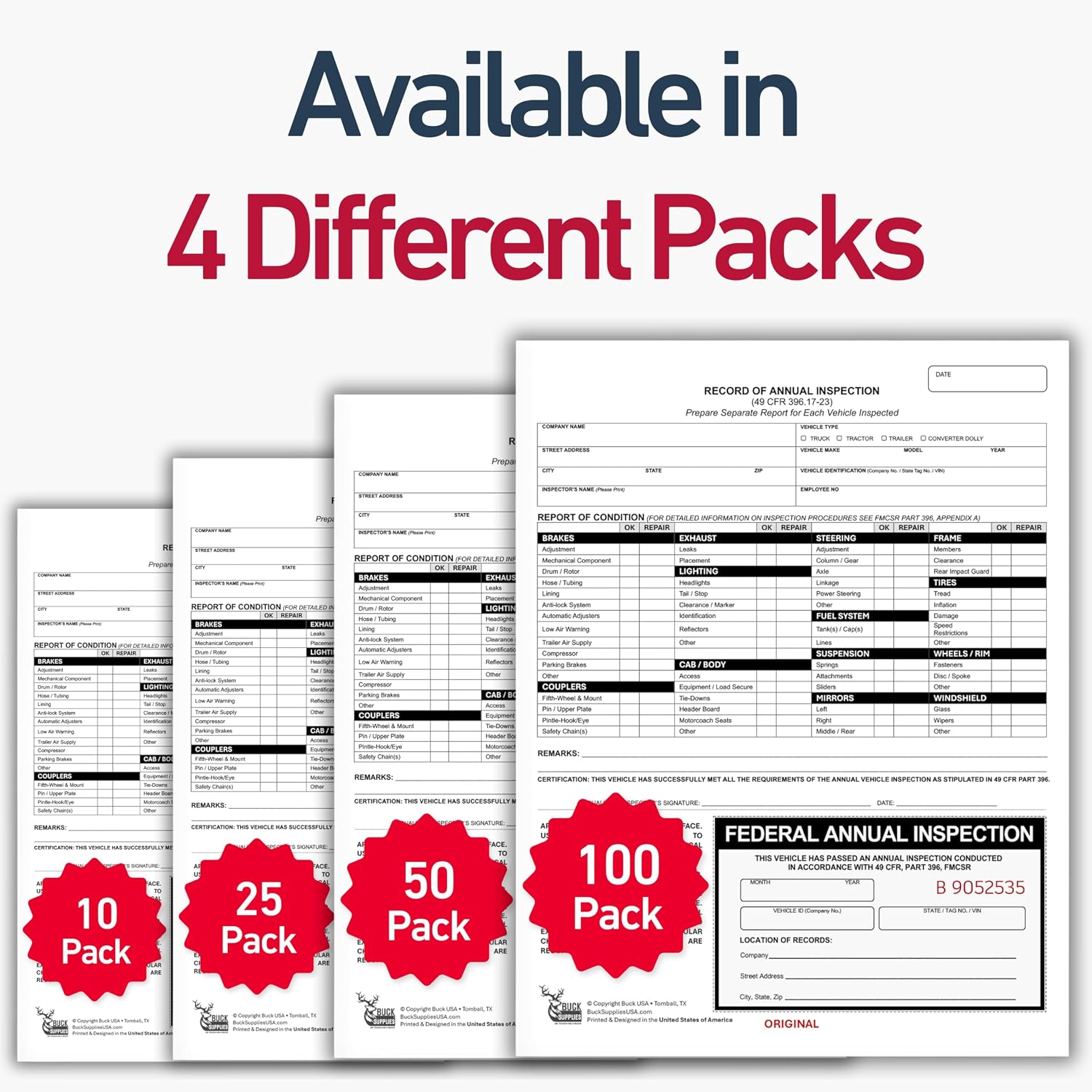 100 Pack 2-Ply Carbonless Record of Annual Inspection Forms with Inspection Decal, DOT Inspection Forms and Stickers, Shrink-Wrapped, 9.5" x 11", Meets 49 CFR 396.21 & 396.17(c)(2) - Made in The USA