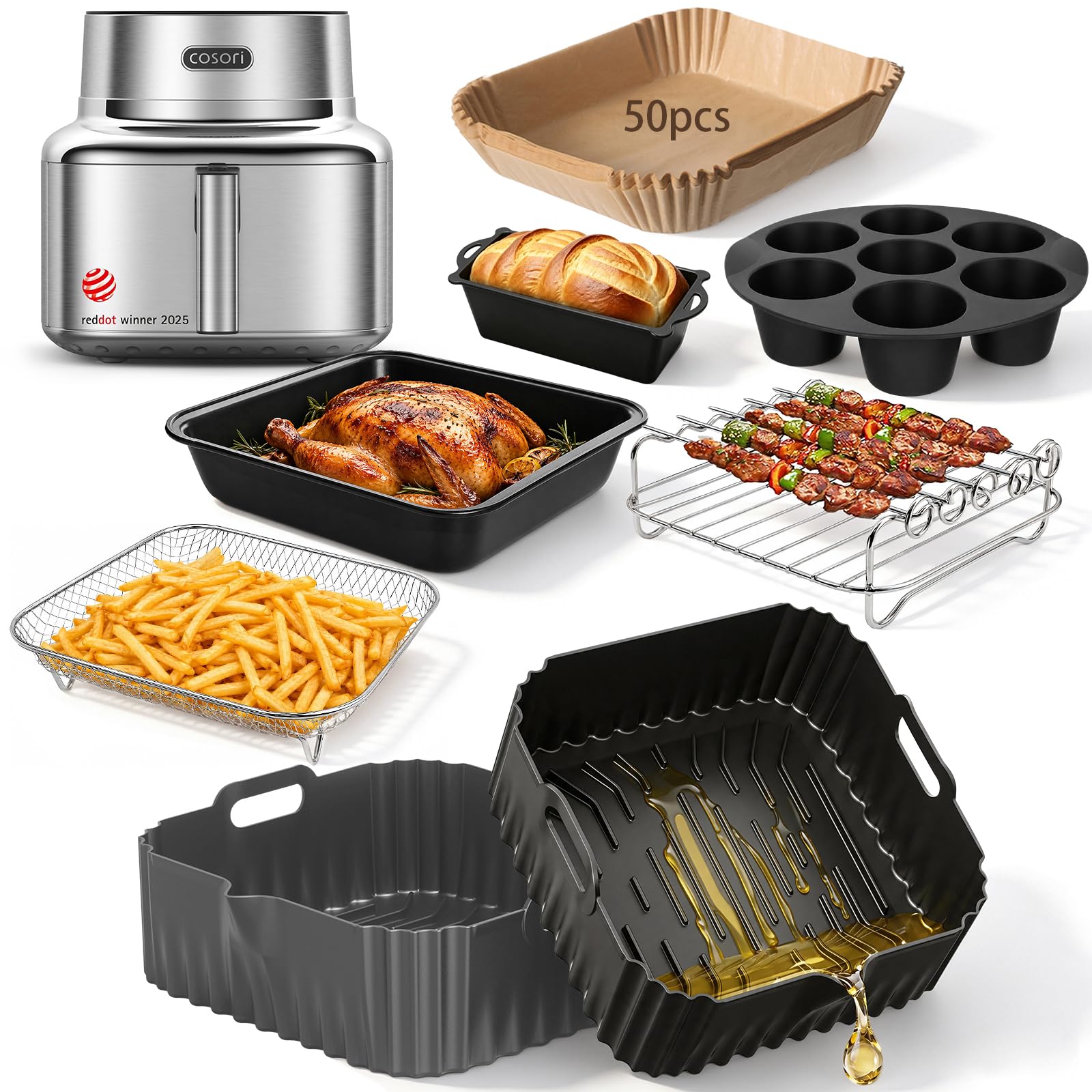 Airfryer Hot Air Fryer Accessories, Accessory for COSORI Iconic Single 6.2L | SE601S, Hot Air Fryer Silicone Mold, with 304 Stainless Steel Baskets, Grill | Airfryer Molde de silicona para COSORI Iconic SE601S, accesorio para airfryer reutilizable, inserto de silicona para freidora