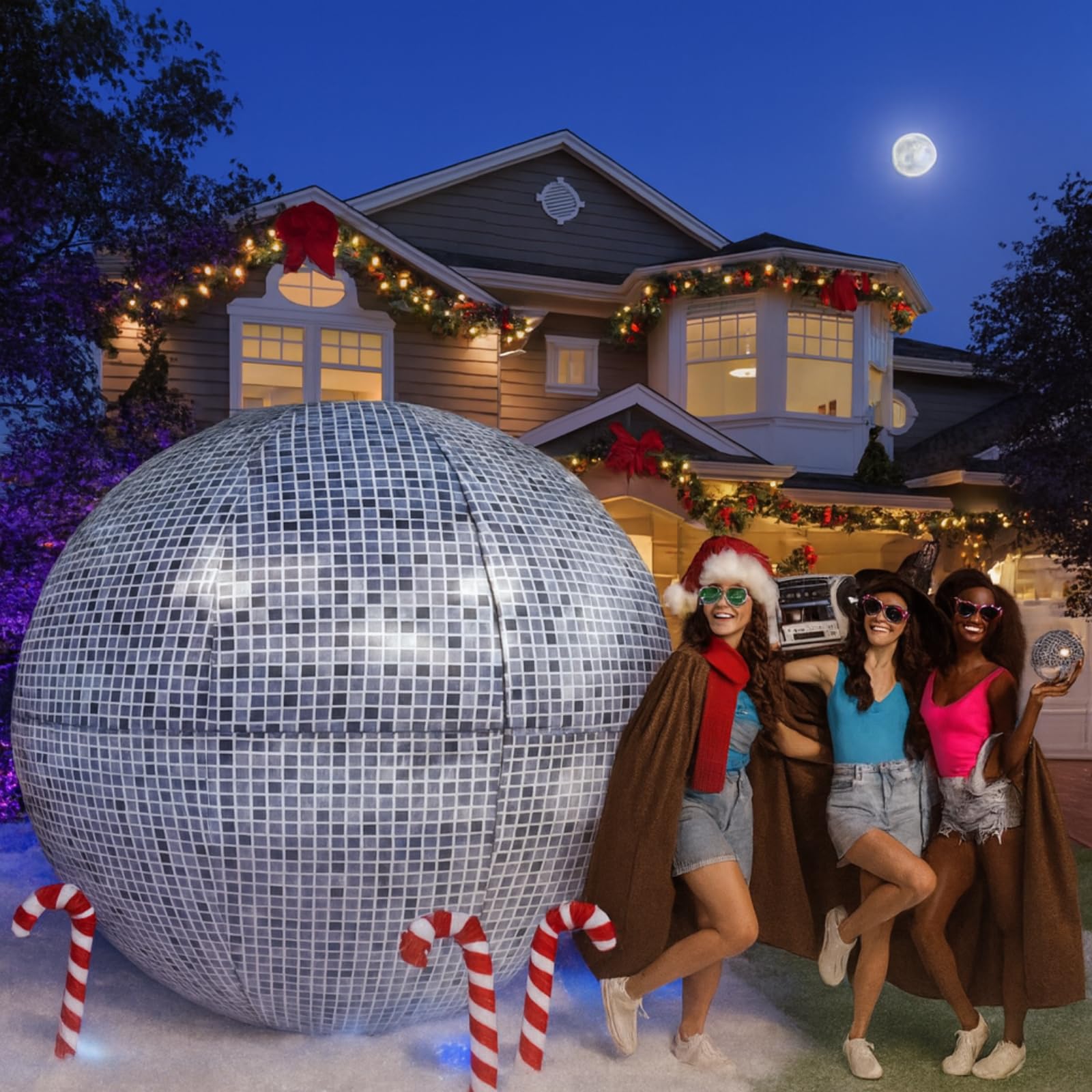 Jetec 7.51 ft Inflatable Lighted Disco Ball with Built in LED Light Dark Color Fabric Disco Party Decorations Oversized Decorated Mirror Ball Yard Decoration for Dance Music 50 60 70s Party Decor