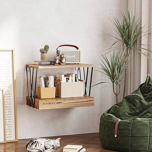 Miniatura 4 de LUPWNEKA Mesita de noche flotante con cajón, mesa auxiliar flotante de madera natural con forma de W, estante geométrico de granja de 3 niveles