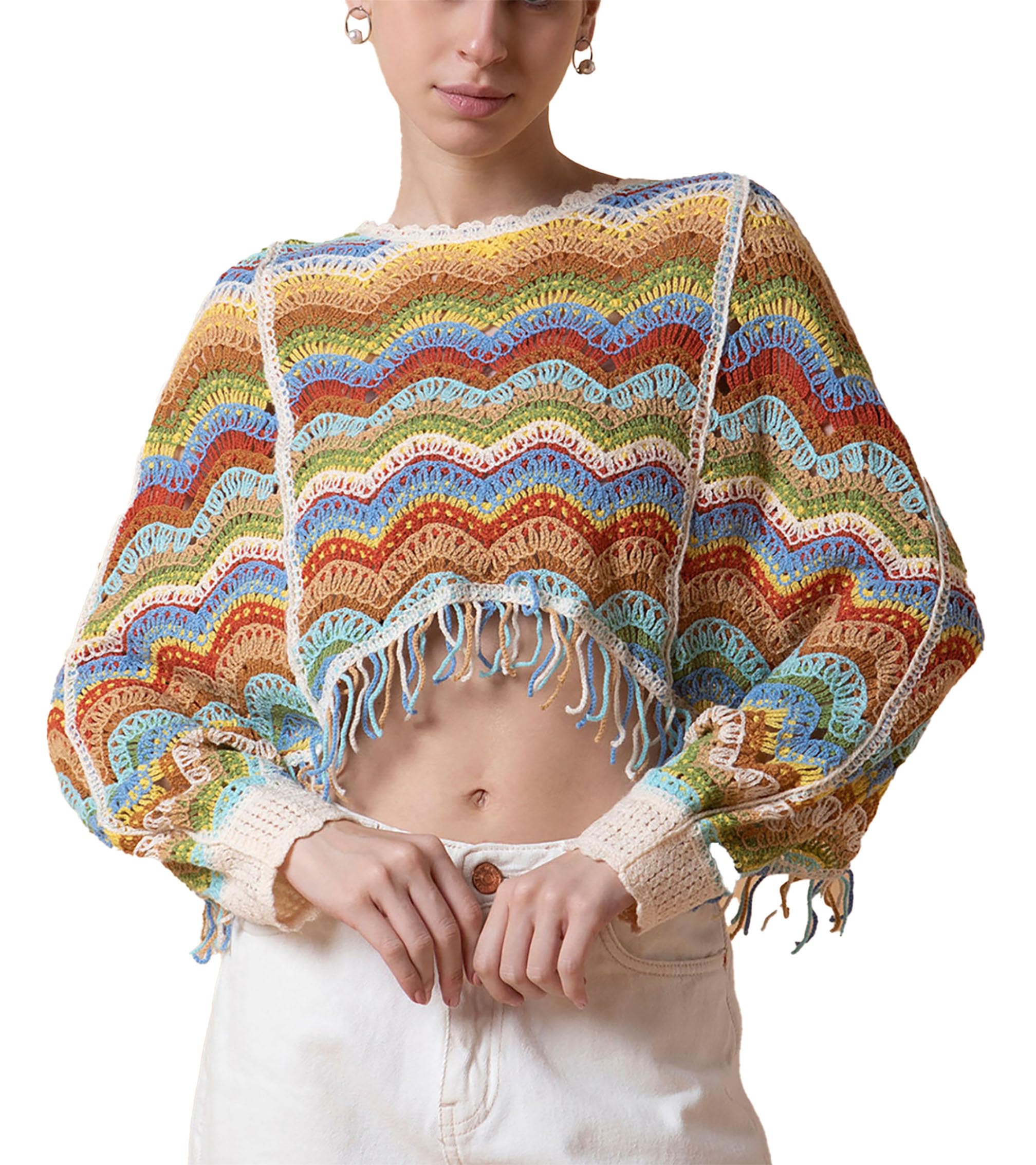 icw Women Multicolour Hollow Out Batwing Sleeves Crochet Cape Poncho Bohemian Tassel Crop Top Dn13 (Fit to 32-38 Inch Bust)-picture-32