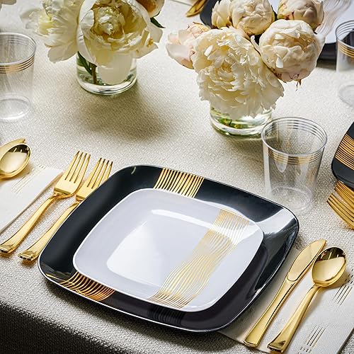 Miniatura 3 de R-kay Platos desechables para fiestas platos de plástico dorados 20 platos de cena de 1025 pulgadas y 20 platos de ensaladapostre de 75 pulgadas