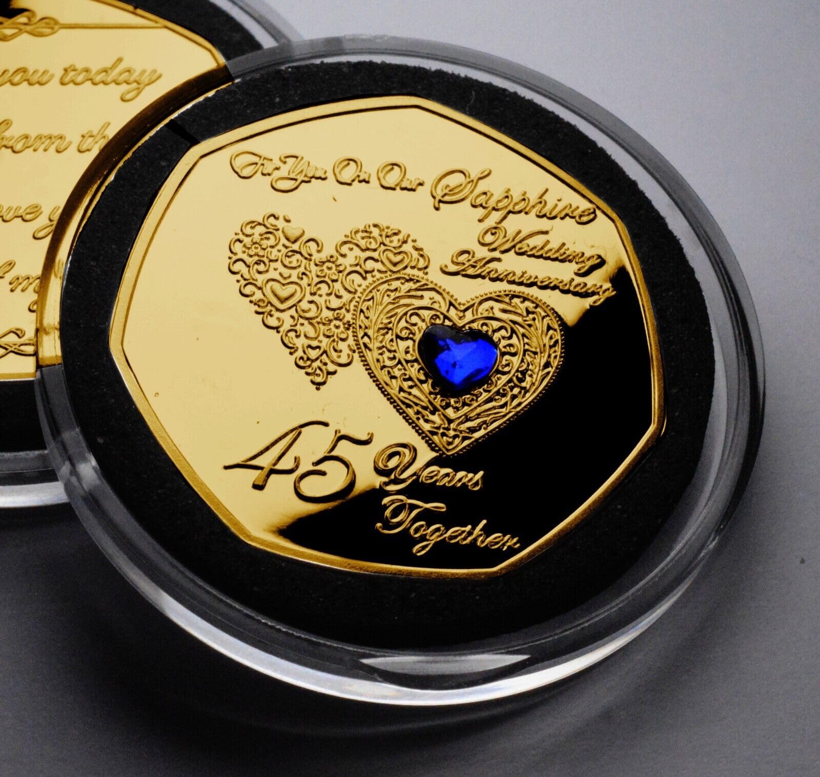 The Commemorative Coin Company Our 45th SAPPHIRE WEDDING ANNIVERSARY 24ct Gold Commemorative in Capsule. Sapphire Diamante Gemstone. Gift/Present/Husband/Wife. Forty-Five 45 Years Together.