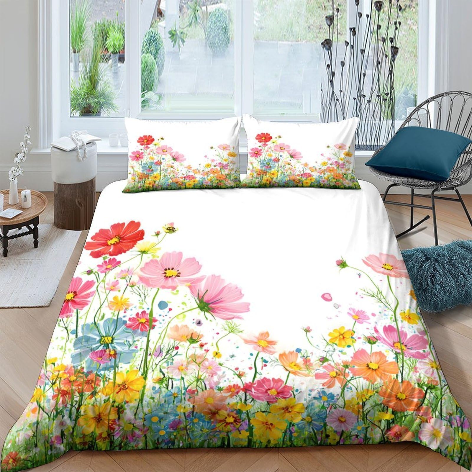P5V6M1Q9 3D Printed Wildflower Meadow Duvet Cover Microfiber Soft Breathable Floral Bedding Set with 2 Pillowcases for Bedroom Decor Single（135x200cm）