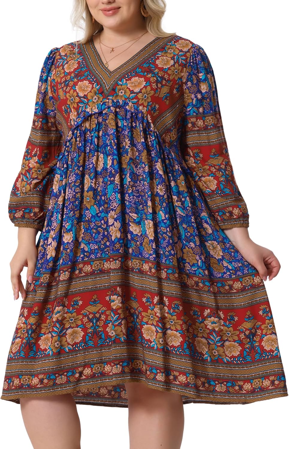 Agnes Orinda Plus Size Summer Dress for Women Casual Boho Floral V Neck 3/4 Sleeve Midi Short Beach Dress - Image 2