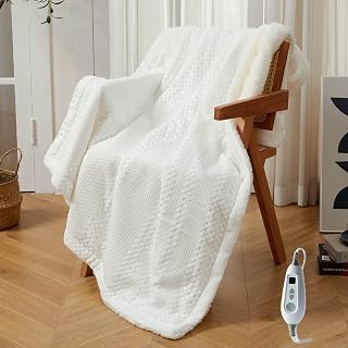 Heated Throw Blanket, Waffle Sherpa Electric Blanket Throw, White, 50x60 in | 6 Heating Levels, 1-4H Auto-Off Timer, ETL Certified Overheat Protection, Fast Heating Blanket, Machine Washable