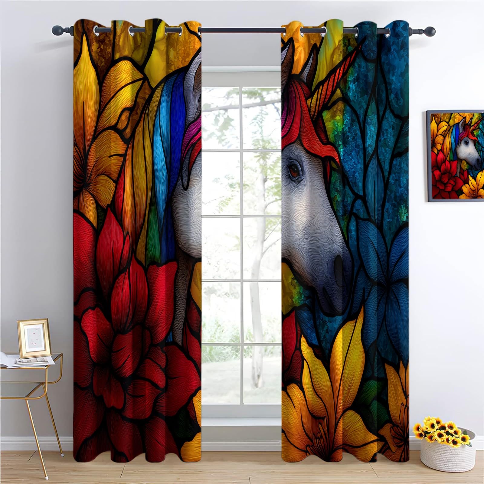 Rideau Occultant 3D Impression Salon 140 x 175 cm Fenêtre En Verre À Licorne Abstraite Thermique Anti Froid Polyester Décoration Chambre Rideau Isolant Phonique pour Chambre, 2 Panneaux, Couleur