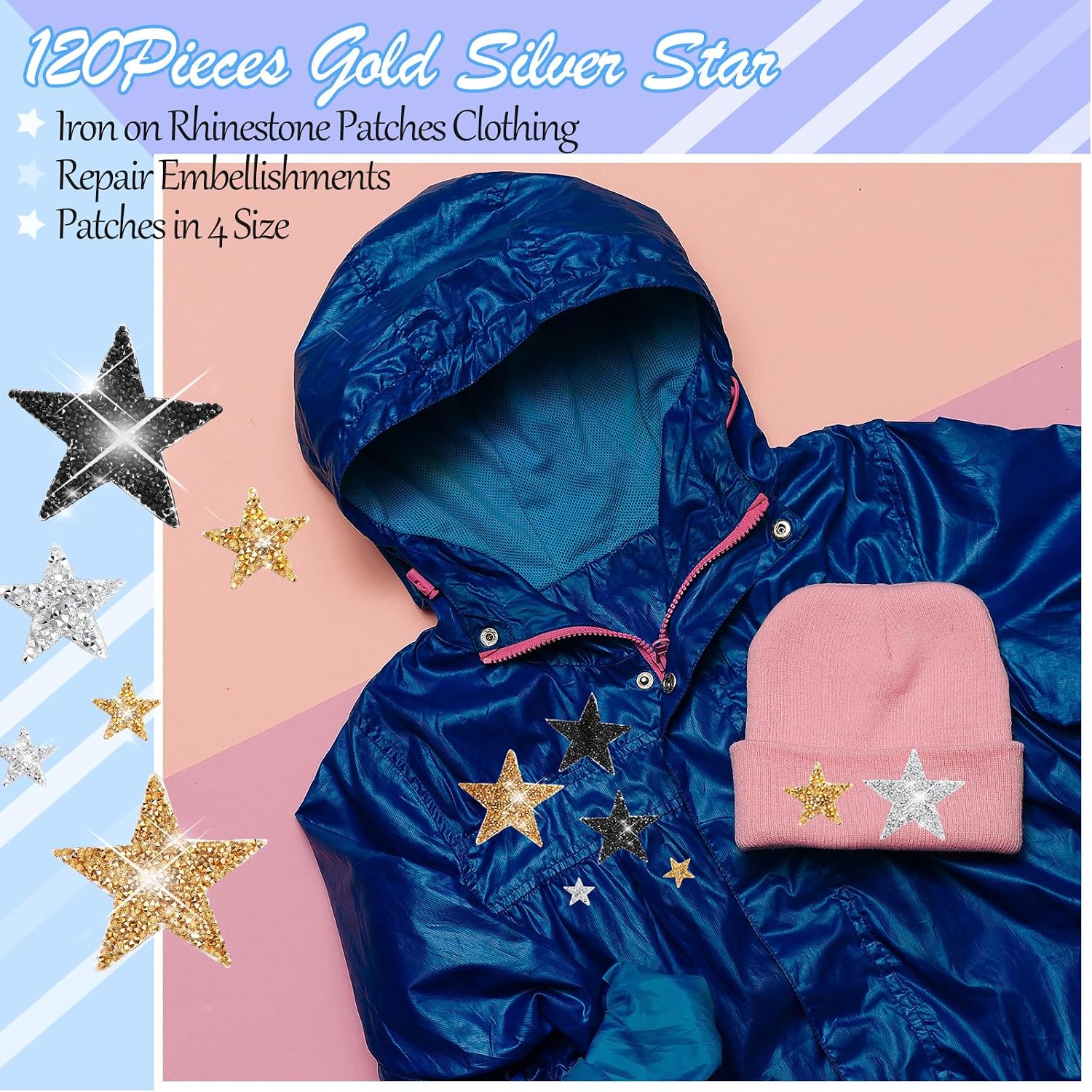 120 Pcs 4 Sizes Star Patches Iron on Rhinestone Adhesive Sequin Glitter Star Patches Appliques Adhesive Glitter Appliques Embellishments for DIY Crafts Clothes Graduation Decor(Black,Silver, Gold)
