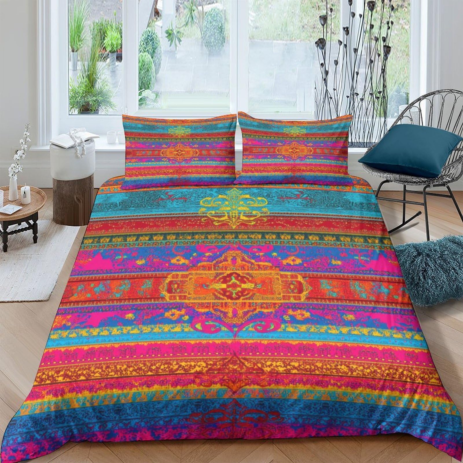 TUFRTGYHN 3D Printed Boho Mandala Duvet Cover Set Microfiber Soft Colourful Geometric Quilt Cover with 2 Pillowcases for Bedroom Decor Single（135x200cm）