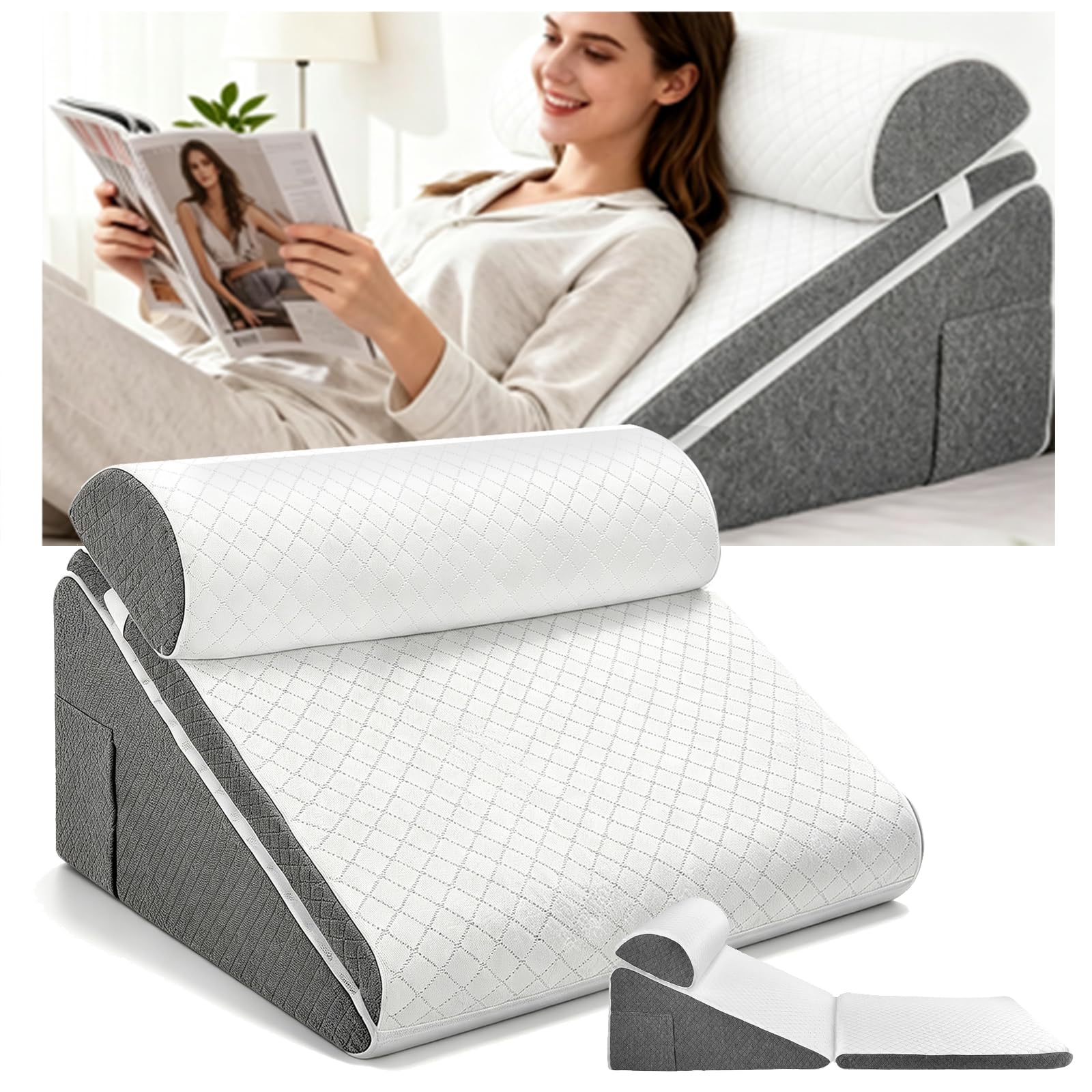 Oreiller orthopédique 3 en 1 pour l'apnée du sommeil avec oreiller réglable, oreillers compensés pour reflux acide, soulagement de la douleur, rongeur, élévation des jambes avec couverture
