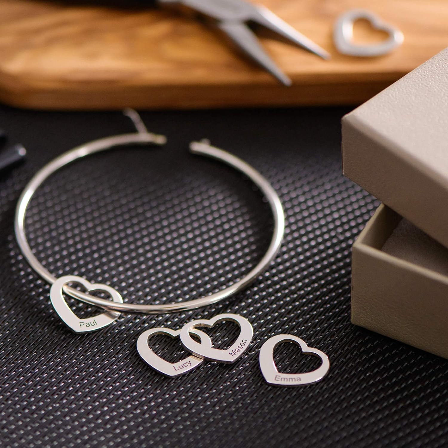 MyNameNecklace MYKA - Inspirational Women Bracelet Bangle Hearts Charms - Engraved Personalized Mantra Jewelry Gift for Bridesmaid Girlfriend