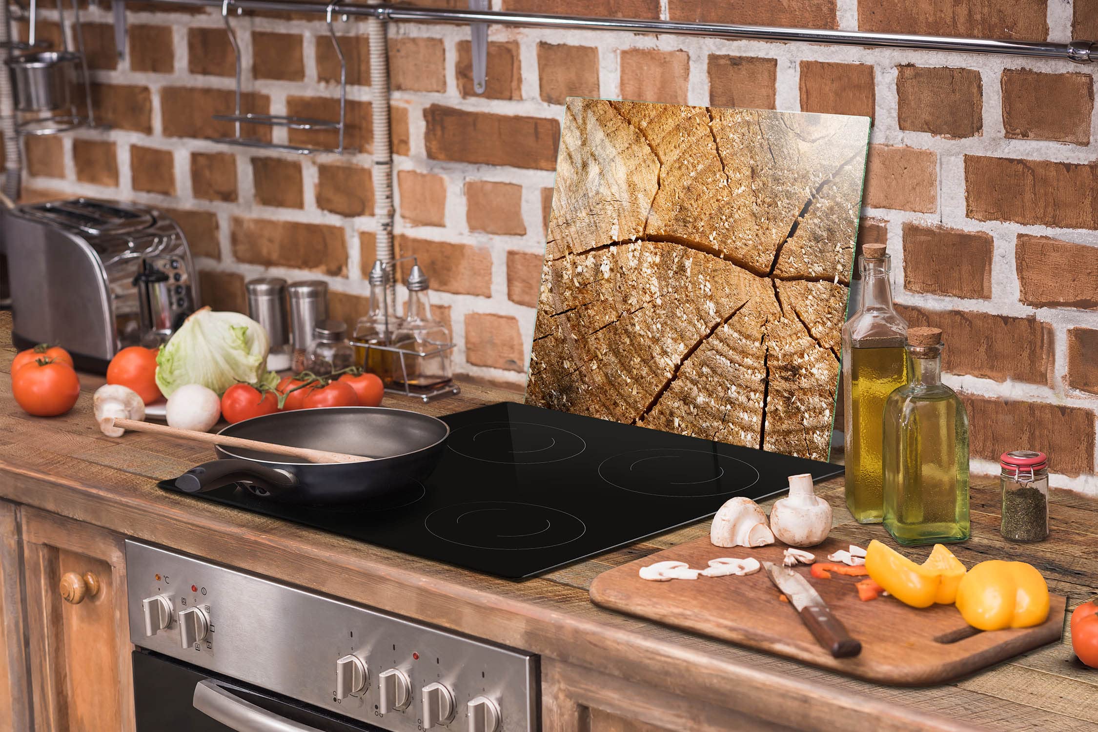 Placa protectora de vitrocerámica 50 x 52 cm 1 pieza cocina eléctrica universal para inducción protección contra salpicaduras tabla de cortar de vidrio templado como decoración, MADERA