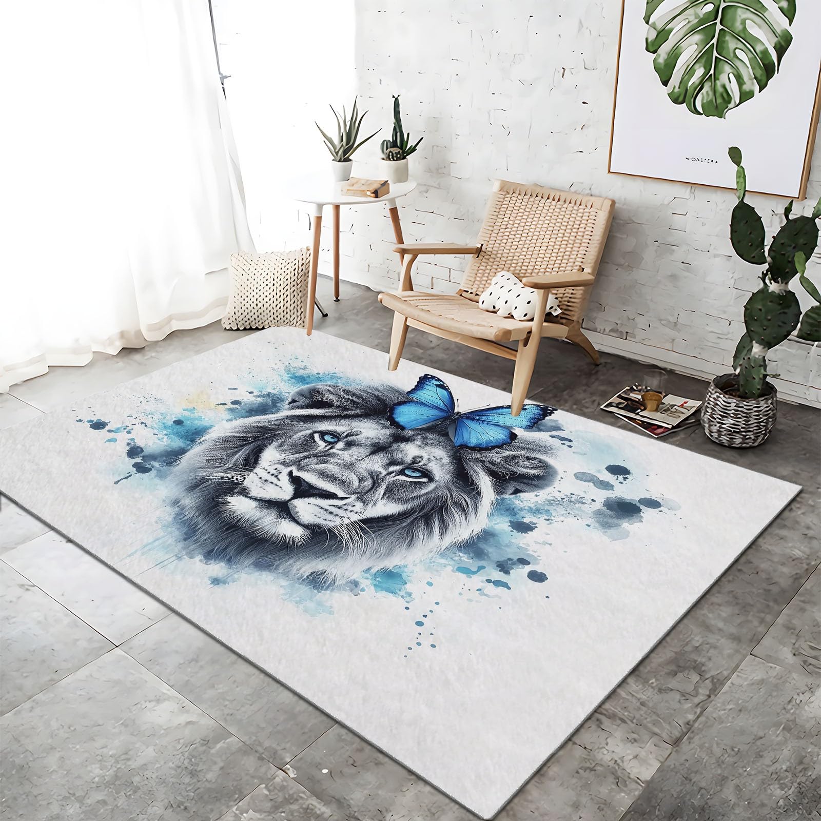 Tapis de salon doux pile courte lion art papillon graffiti bleu gris rectangulaire
