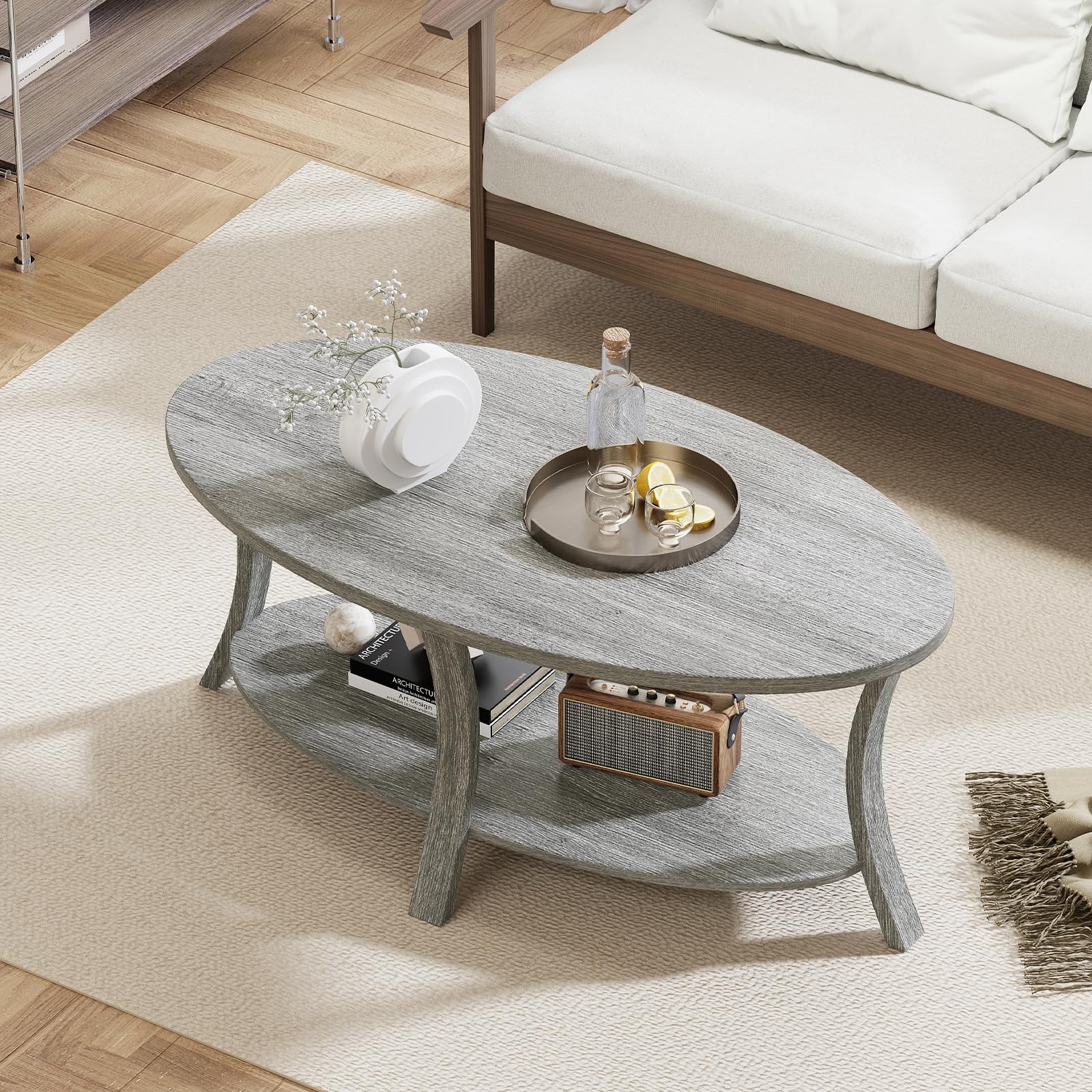 LIFEZEAL Tavolino Salotto Ovale a 2 Ripiani con Scomparti Aperti, in Legno Massello, Tavolino da Caffè, Divano, Tavolo Soggiorno, Moderno, Salvaspazio, Semplice, 111x60,5x47cm, Max 160kg (Grigio)