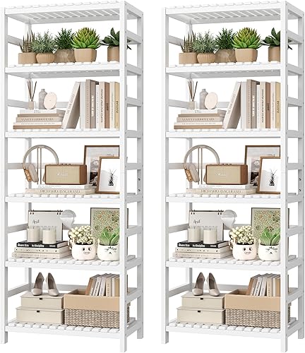 Miniatura 10 de FOTOSOK Estante de bambú de 6 niveles estantería de bambú con estantes ajustables unidad de almacenamiento de pie independiente soporte de flores