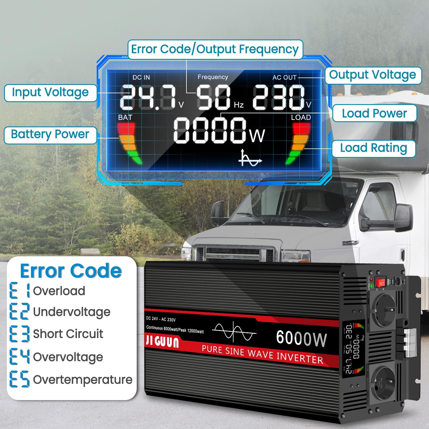 JIGUUN 6000W inwerter sinusoidalny 24V na 230 V z bezprzewodowym pilotem zdalnego sterowania Wyświetlacz LCD 2 gniazdko UE i 1 port USB do samochodu, na kemping, w podróży, w nagłych
