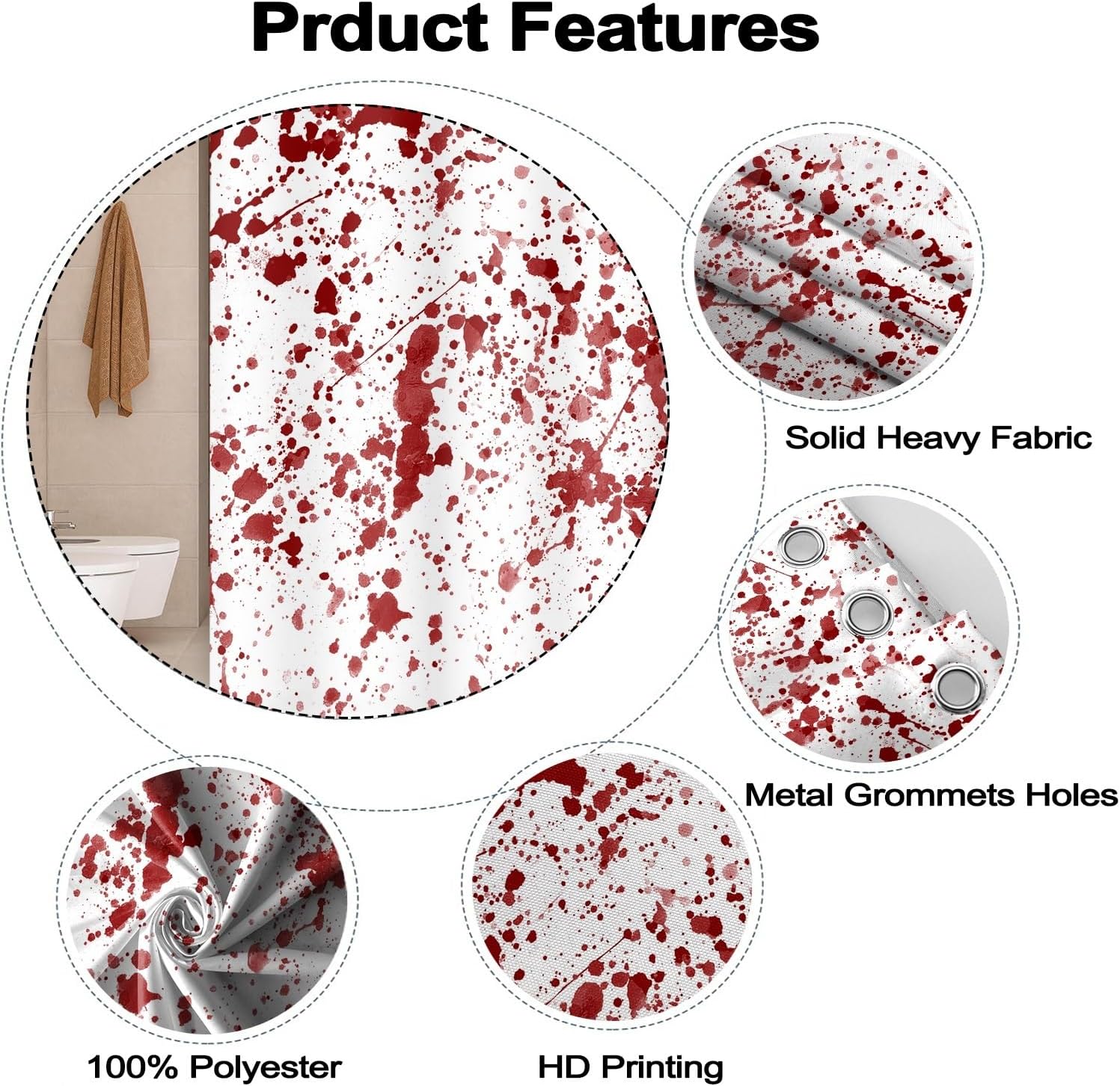Halloween Shower Curtain, Red Blood Shower Curtain Set 72x72inches with Hooks Red Bloody Halloween Decoration Waterproof Fabric Shower Curtains for Bathroom