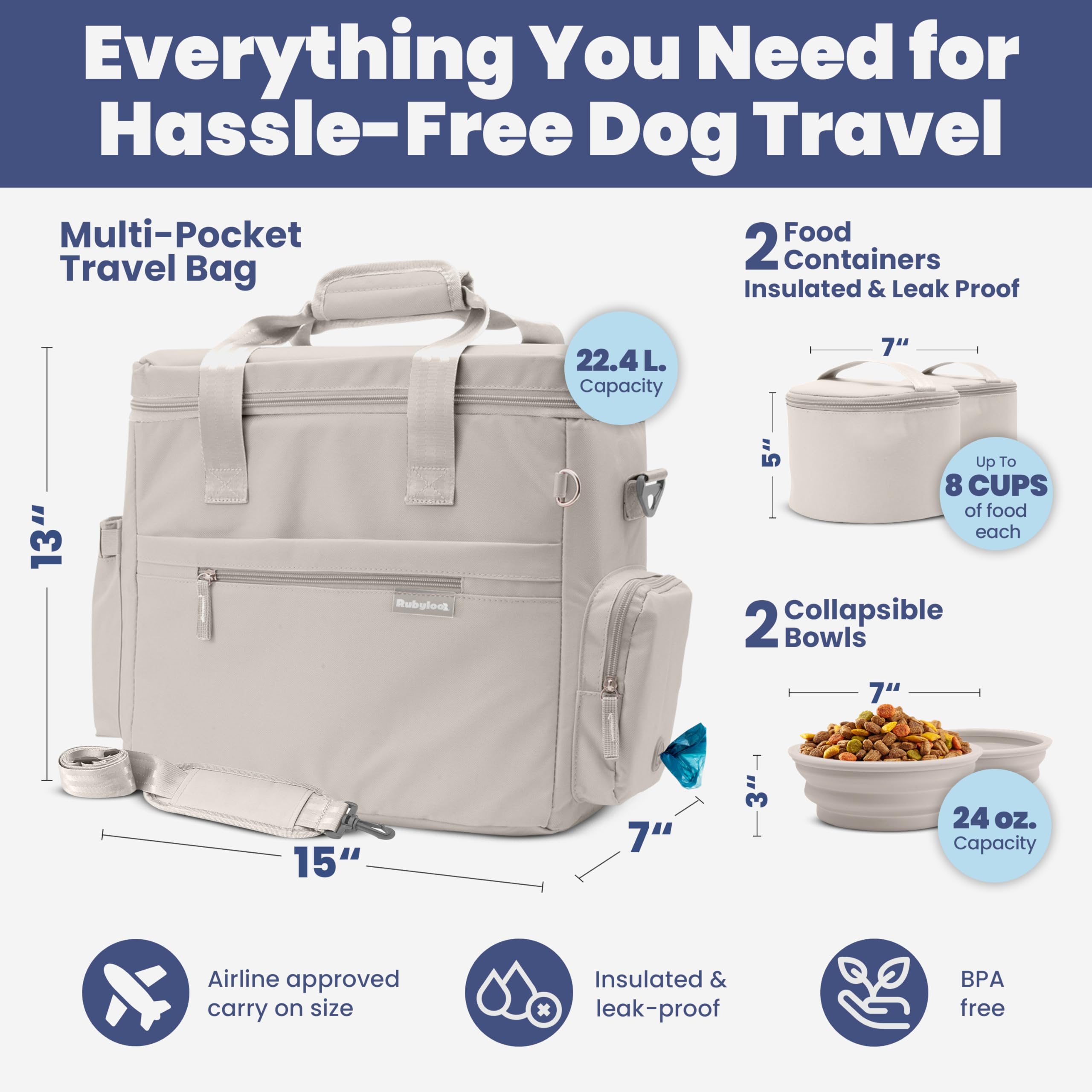 Rubyloo The Original Doggy Bag™ - Bolsa de viaje para perros para suministros - El mejor regalo para dueños de perros - Incluye 2 cuencos de viaje sin BPA y 2 recipientes de comida - Kit de viaje para