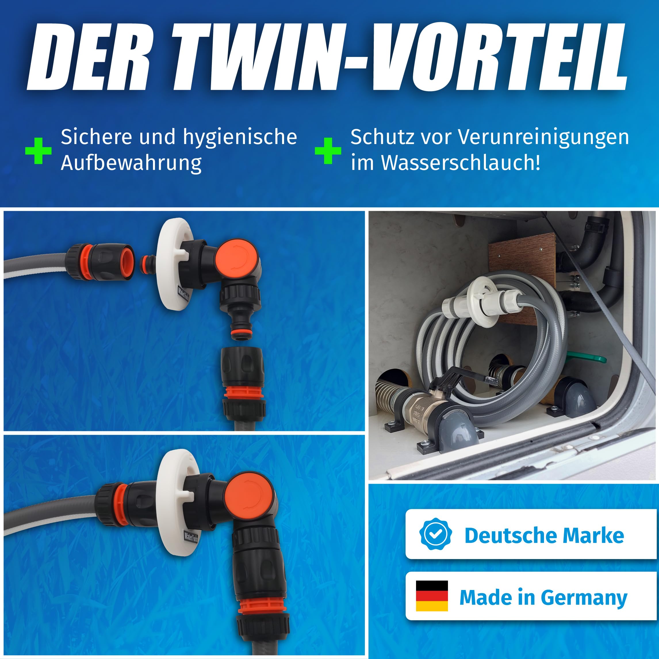 MaJoCompTec® WATERTWIN - Set di filtri per serbatoio dell'acqua per camper, accessori per serbatoio, adattatore compatibile con Gardena, tipo 3 pin, D:78 (CLEAN)