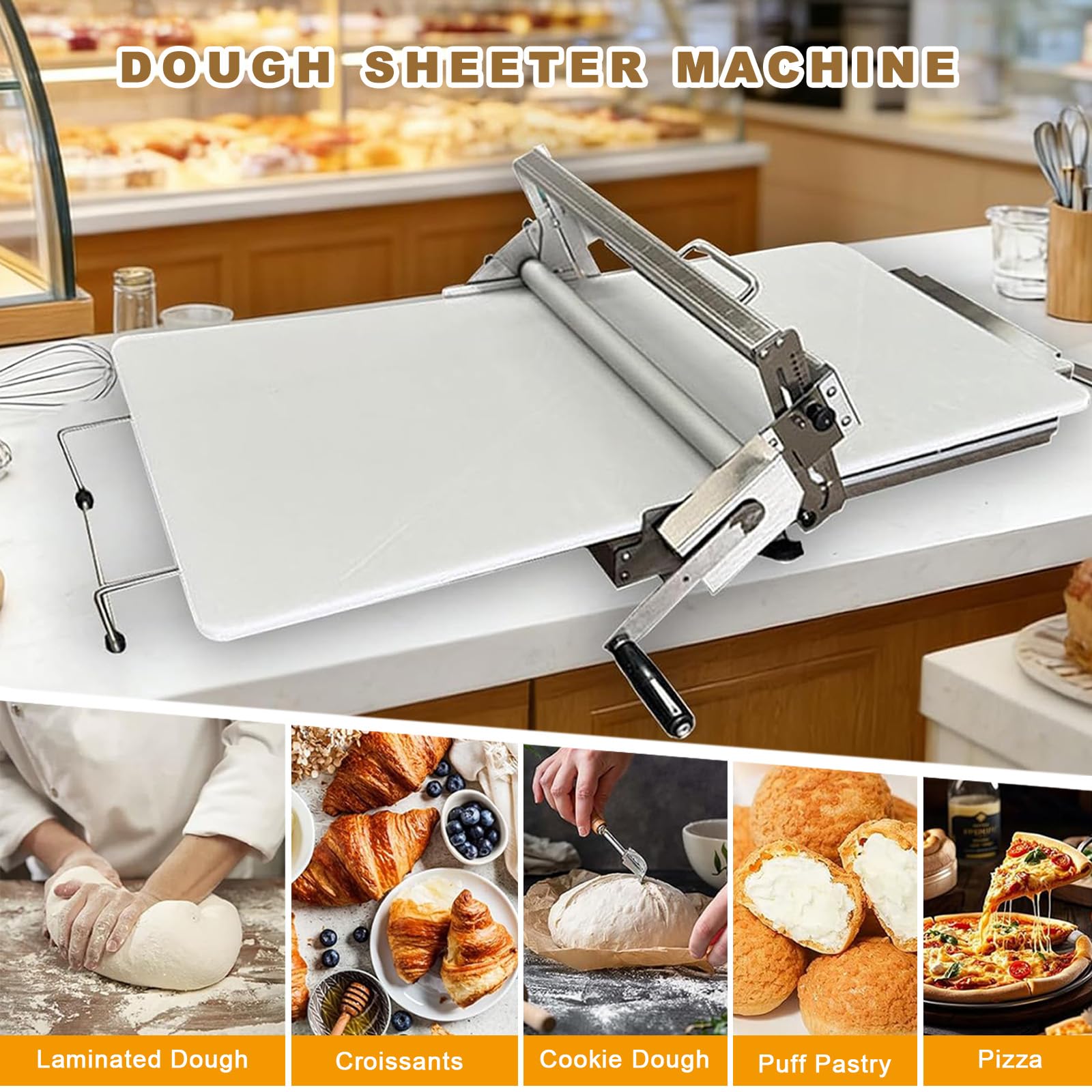 Laminoir à Pâte Pliable Manuel Laminoir à Pâte Feuilletée avec épaisseur Réglable 0-25 mm Laminoir Patisserie en Acier Inoxydable pour Pizza Croissants Pâtisseries Commercial Domestique