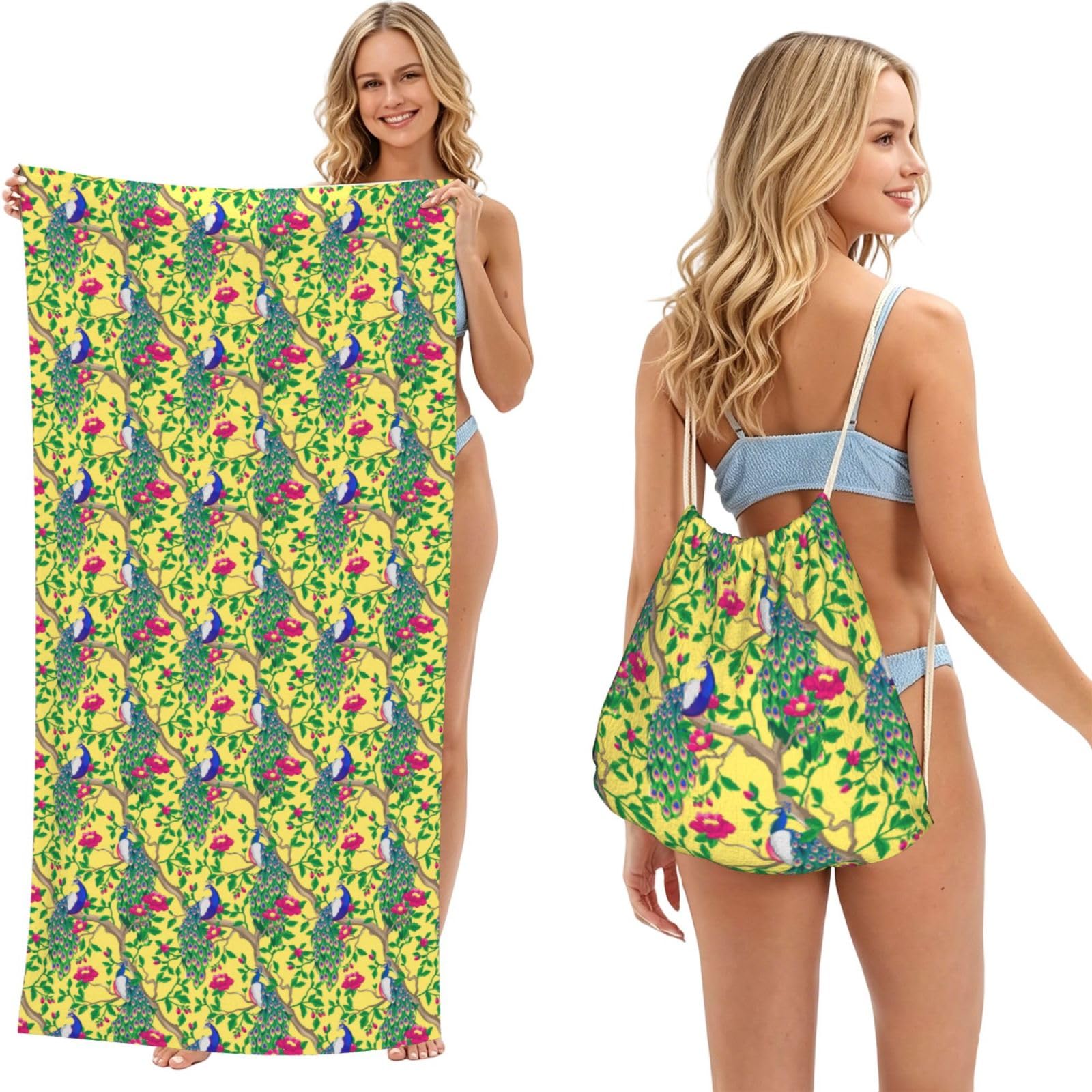 ESNAIUVCD Beautiful Peacock Print Beach Towel For Adults,Towel With Drawstring Bag, Travel Pool Swimming Sports Shower Sand Free Quick Dry Bath Towel For Pool, Beach, Yoga- 180x60cm
