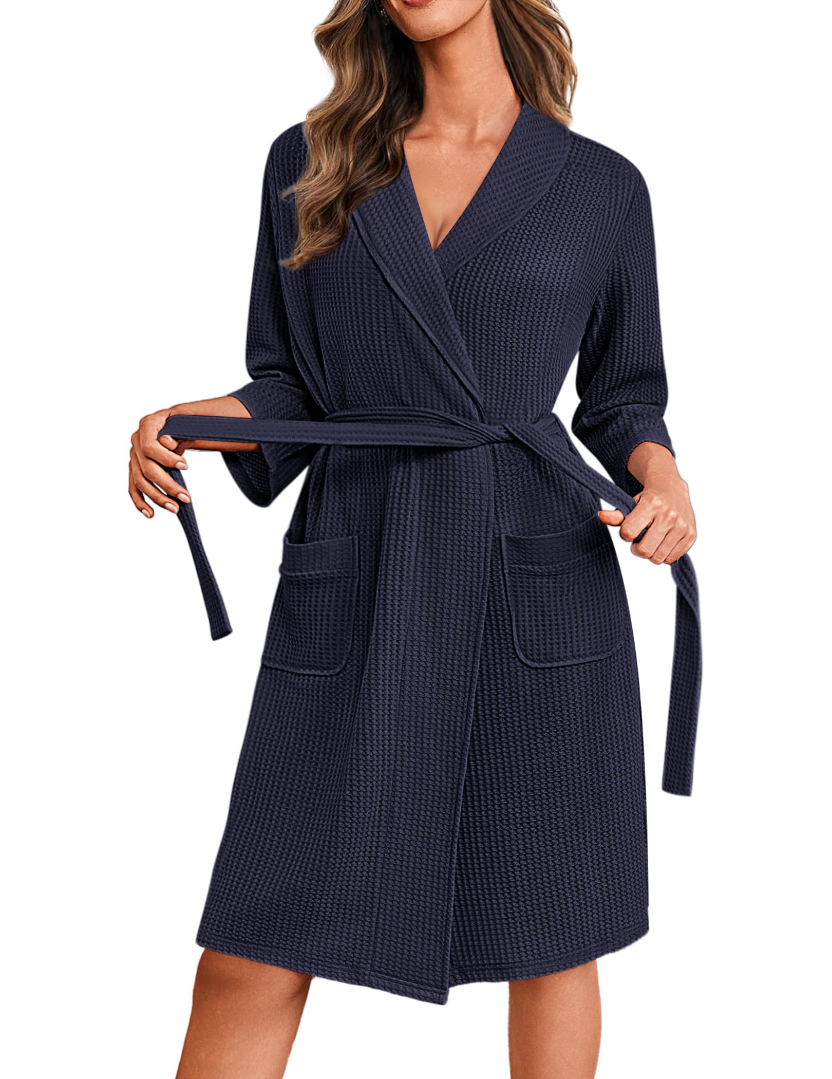 Ekouaer Accappatoio Donna Nido d'Ape Corta Vestaglia Leggero Morbida con Tasca Kimono Vestaglie Maniche a 3/4