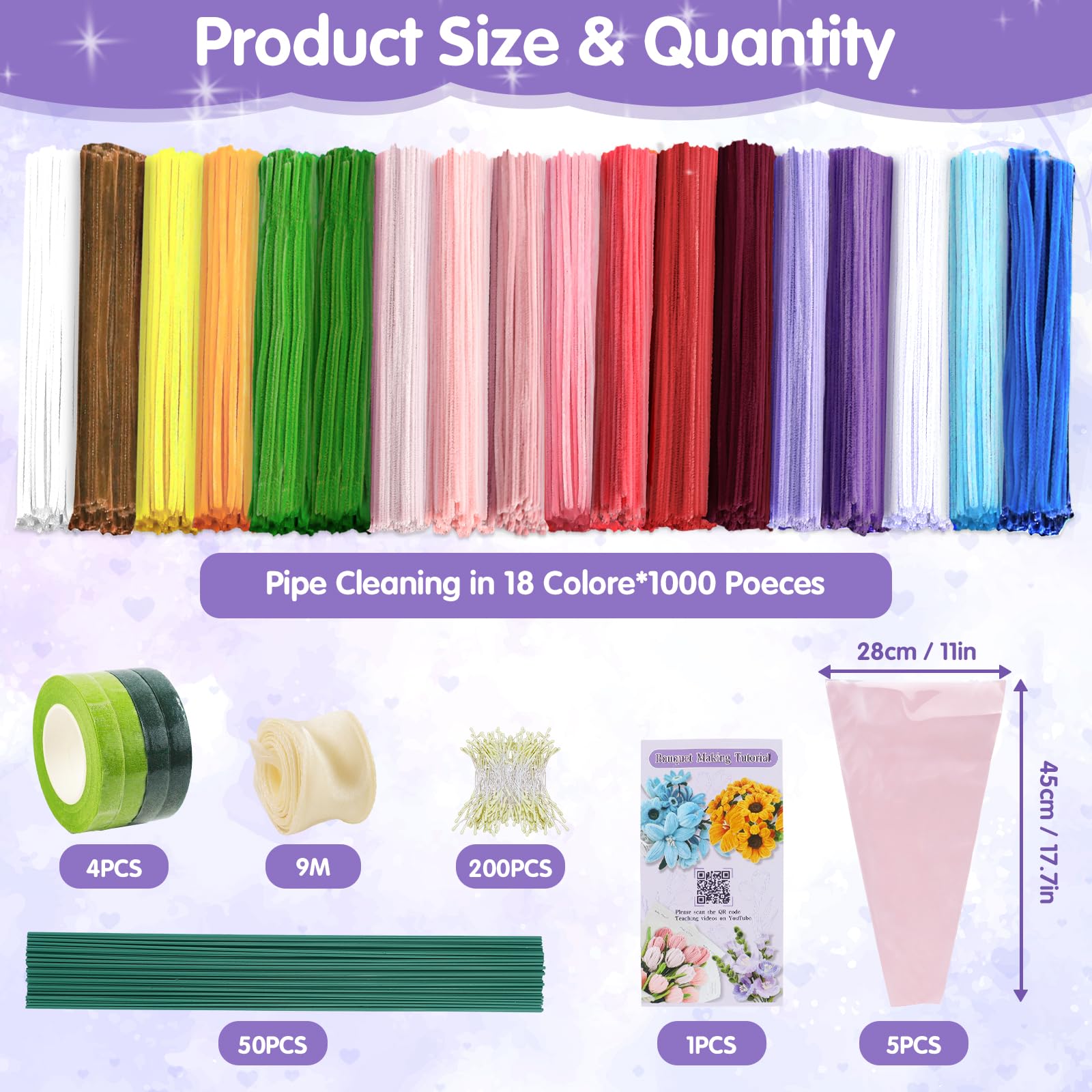 18 Couleur Fil Chenille 1000 Pièces Cure Pipe Chenille Loisir Creatif | Pipe Cleaners Tulipes avec Ruban de Fleuriste et Tige Fleur pour Fournitures de Bouquet de Fleurs et de Décoration DIY