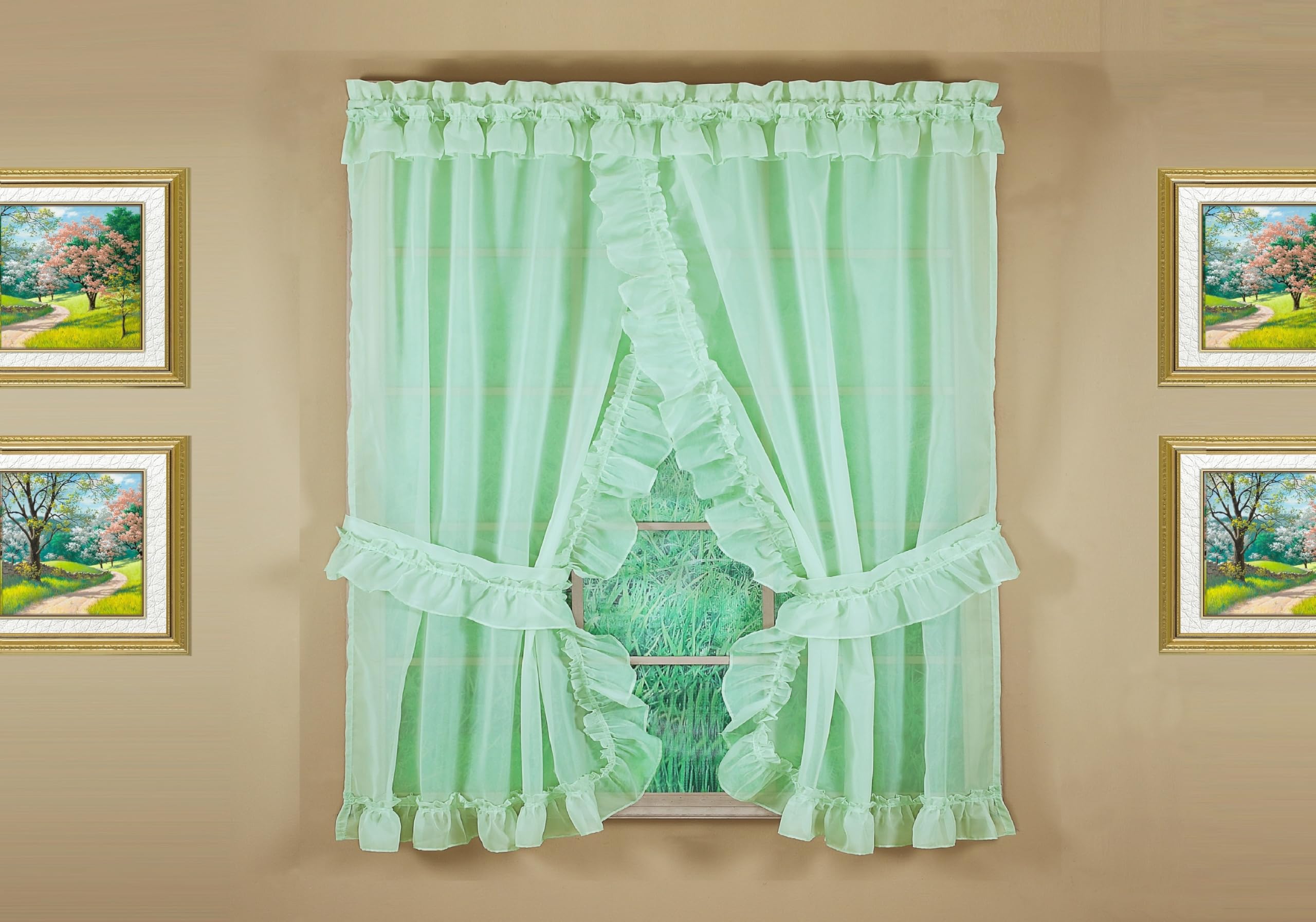 Today's Curtain, Emelia Priscilla Sheer Pair 60" W x 63" L, Sage, 5-Piece-Set