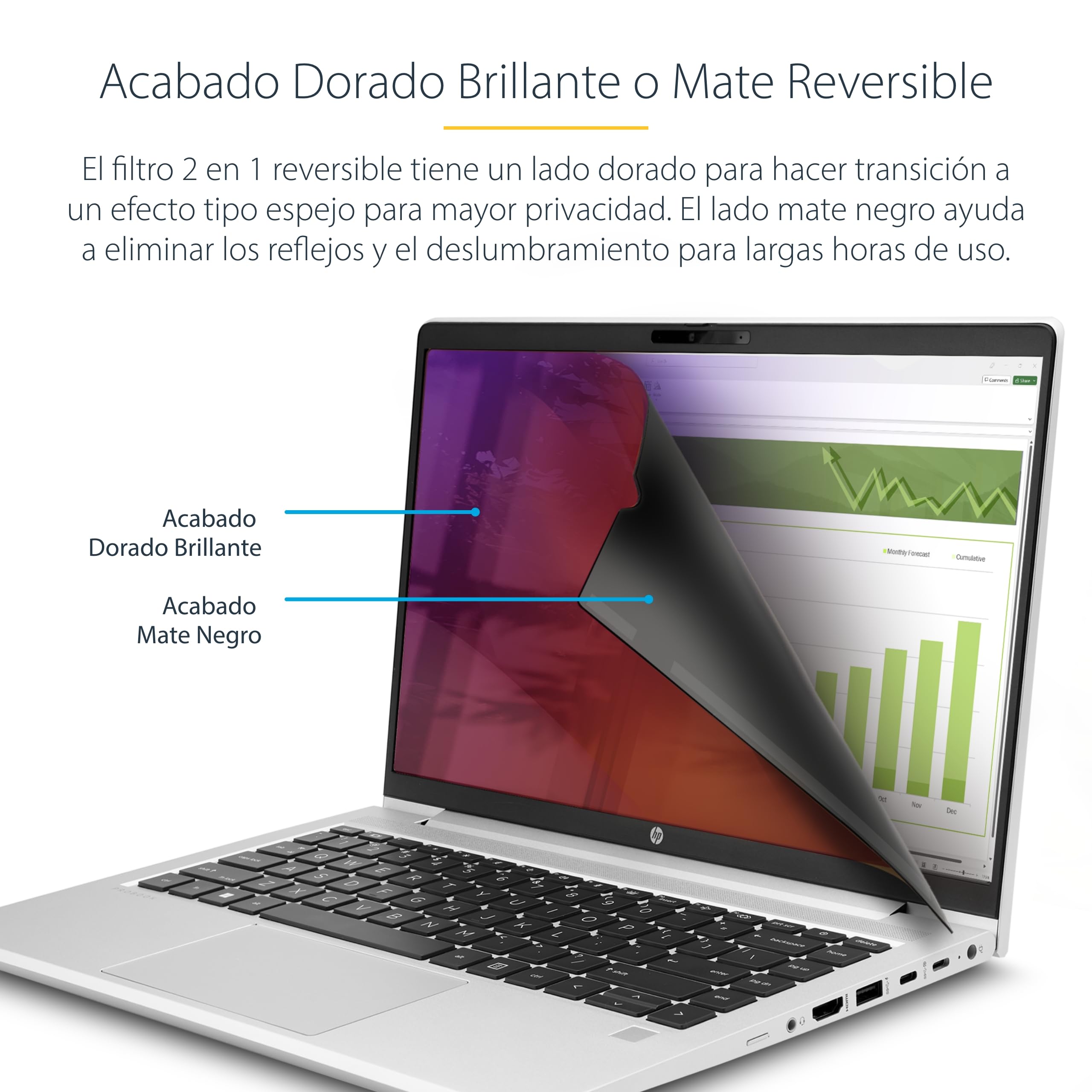 StarTech Filtro de Privacidad Dorado Portátil 14in 16:9 Doble Cara | Bloquea 51% de Luz Azul, Dimensiones 31x17, 4cm, Filtro de Seguridad Extraíble