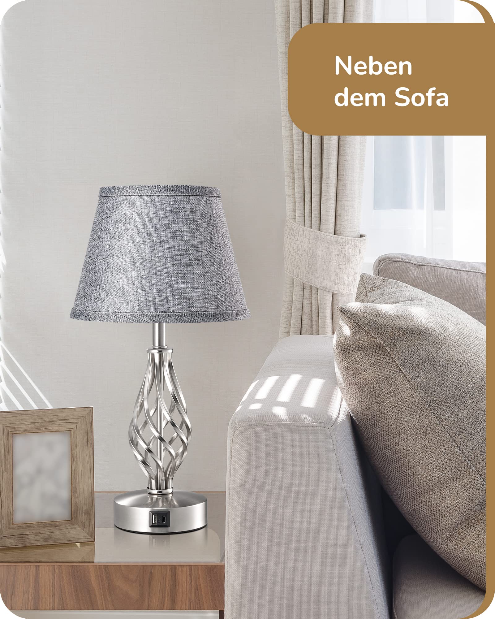 EDISHINE LED Nachttischlampe Touch Dimmbar 2er Set, Tischlampe Modern, Lampe mit Ladefunktion, 2 USB Anschlüsse, für Deko Schlafzimmer, Wohnzimmer, Fensterbank, Geschenk, Lampenschirm Leinen, Grau