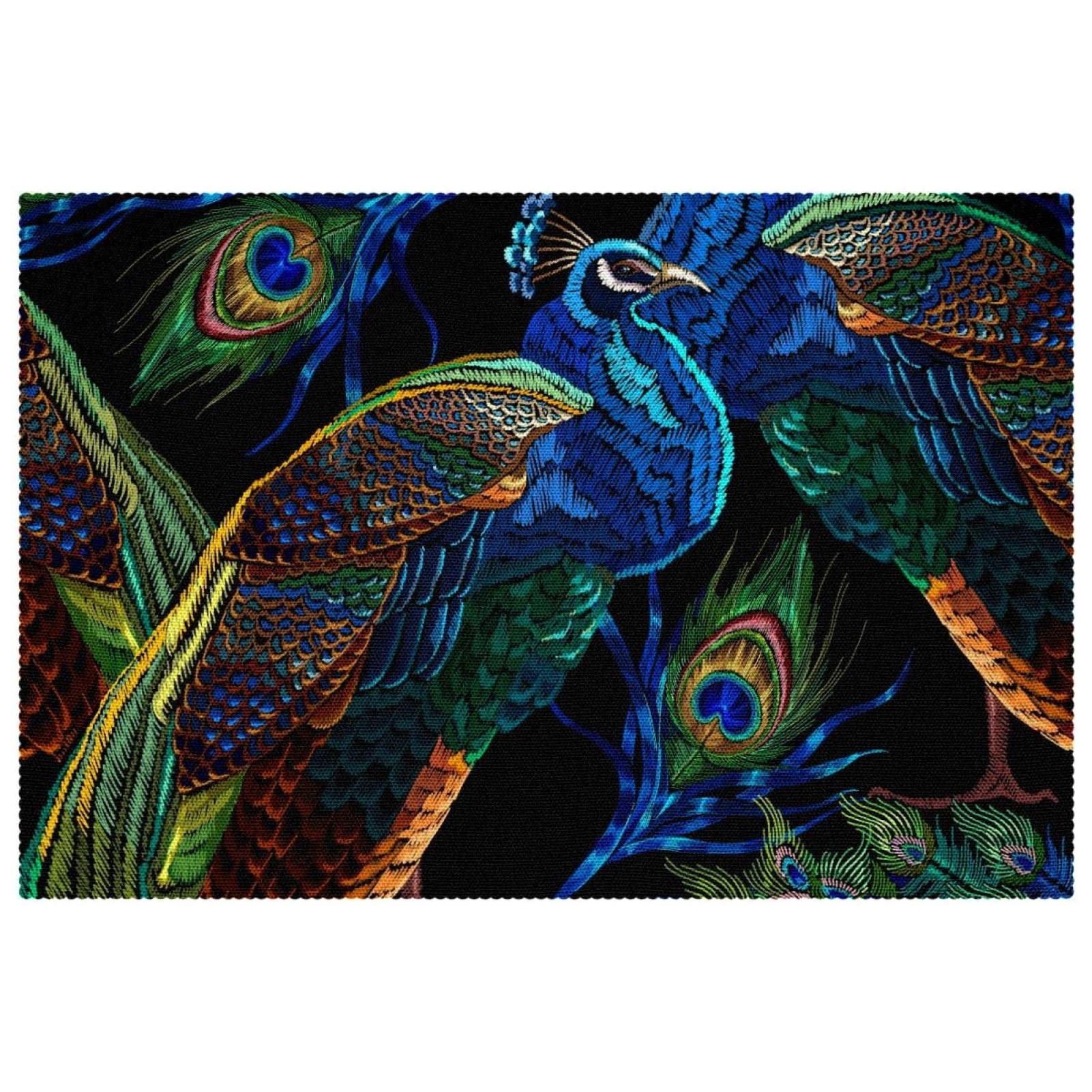 Set de table brodé paon rectangulaire 30x45 anti-chaleur lot de 6