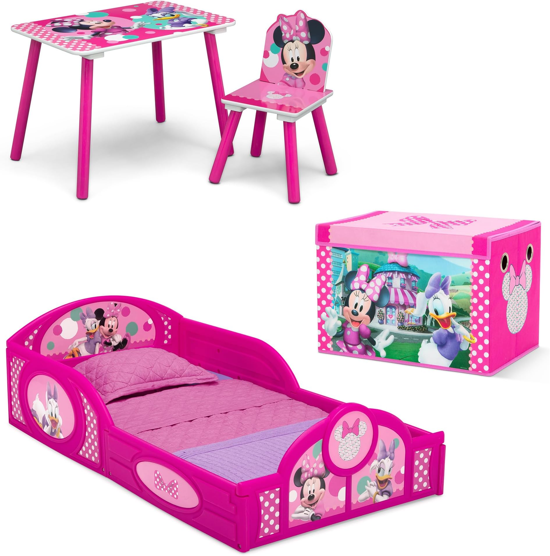 Disney Minnie Mouse 4-Piece Toddler Room-in-a-Box Set – Includes Sleep and Play Toddler Bed, Table, 1 Chair and Toy Box, Pink
