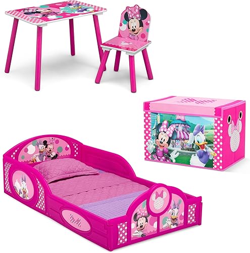 Delta Children Disney Minnie Mouse de 4 piezas Room-in-a-Box set: incluye cama para dormir y jugar cama para niños pequeños, mesa, 1 silla y caja de juguetes, rosa
