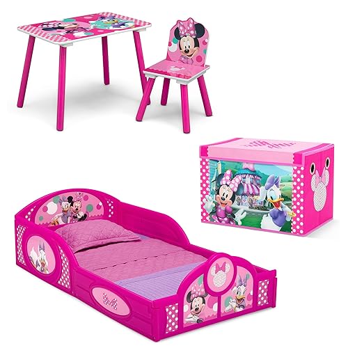 Delta Children Disney Minnie Mouse - Juego de 4 piezas para habitación en una caja, incluye cama para dormir y jugar, mesa, 1 silla y caja de Minnie