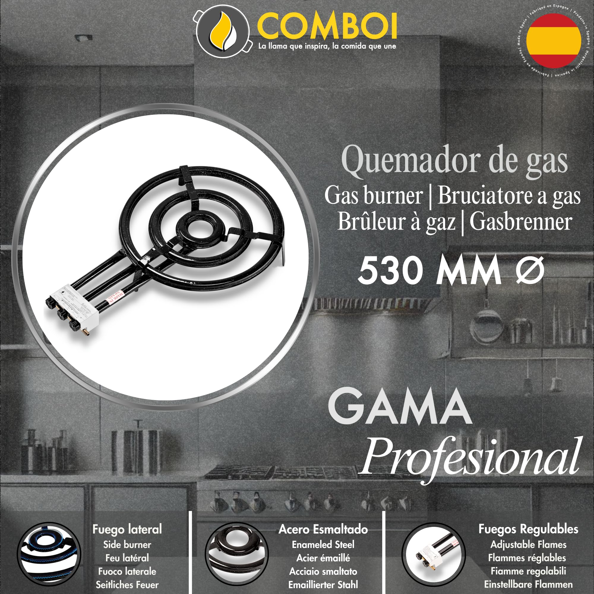 COMBOI Kit Paellero Pro-E 53 cm, Bruciatore a gas butano-propano, Paellera smaltata 70 e 42 cm, Regolatore, Tube, Gambe rinforzate, Livello, Grembiule, Libro ricette digitali