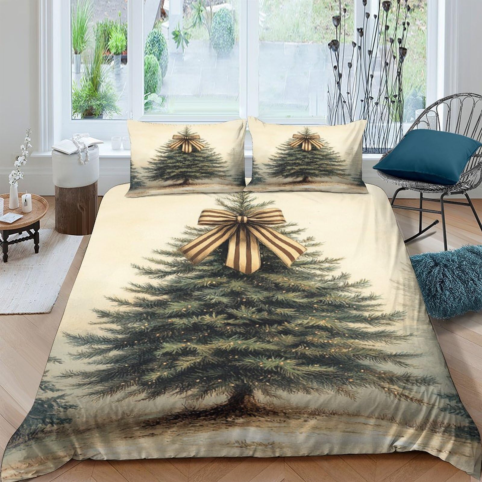 Ctjqhvkz Style-1 3D Printed Christmas Tree Fitted Sheet Microfiber Green Pine Bow Bed Cover For Bedroom Guest Room Bed Decoration Single（135X200cm）