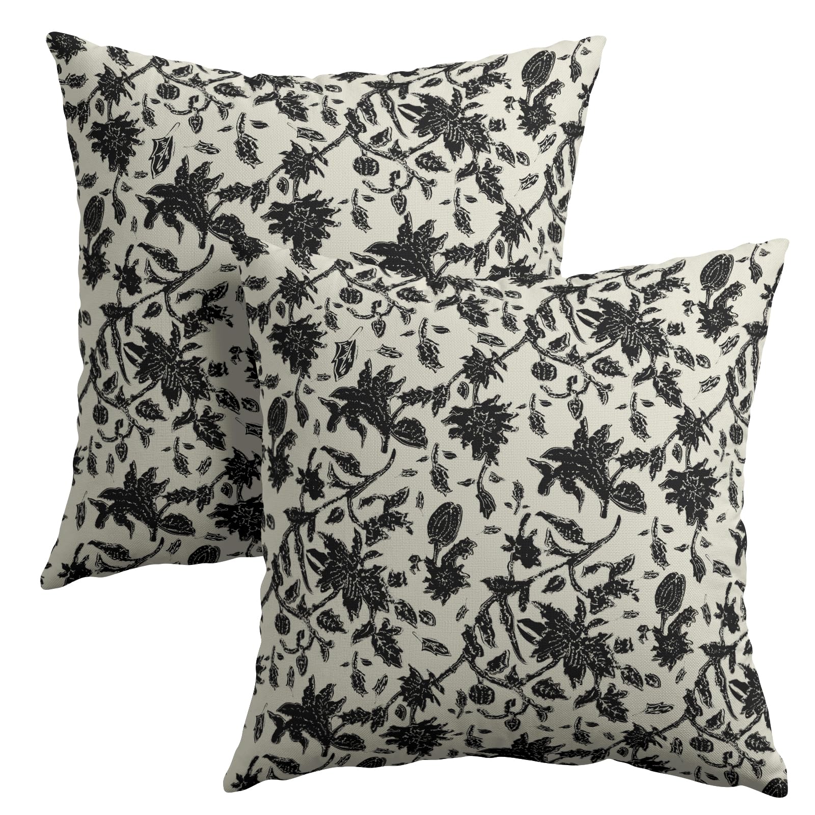 Black Floral Block Print Throw Pillow Covers 18x18 Inch Set of 2 Vintage Boho Cottage Spring Fall Decor Cushion Cover Neutral Accent Modern Pillowcase for Home Bedroom Sofa Couch