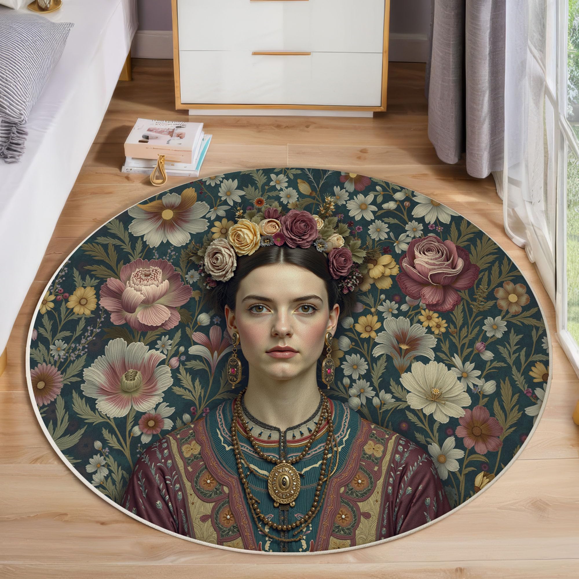 Paillasson 60 cm portrait de femme tapis rond vert foncé salon