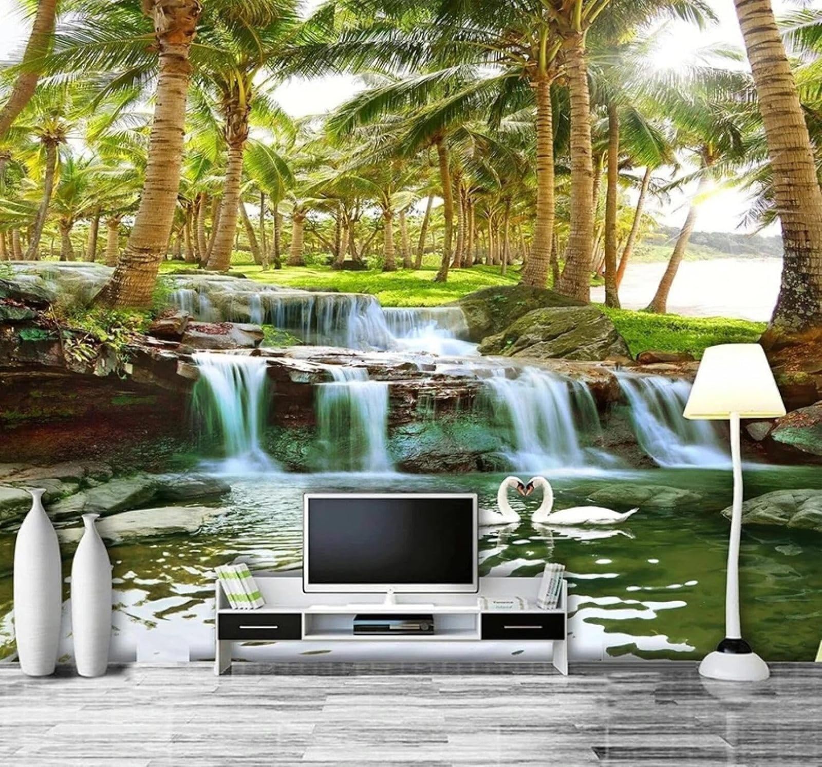 XLMING Fresh Three Dimensional Coconut Grove Waterfall Swans 3D Wallpaper Luxury Home Dining Decor Paste Sofa Living Room The Wall for Bedroom Mural-400cm×280cm