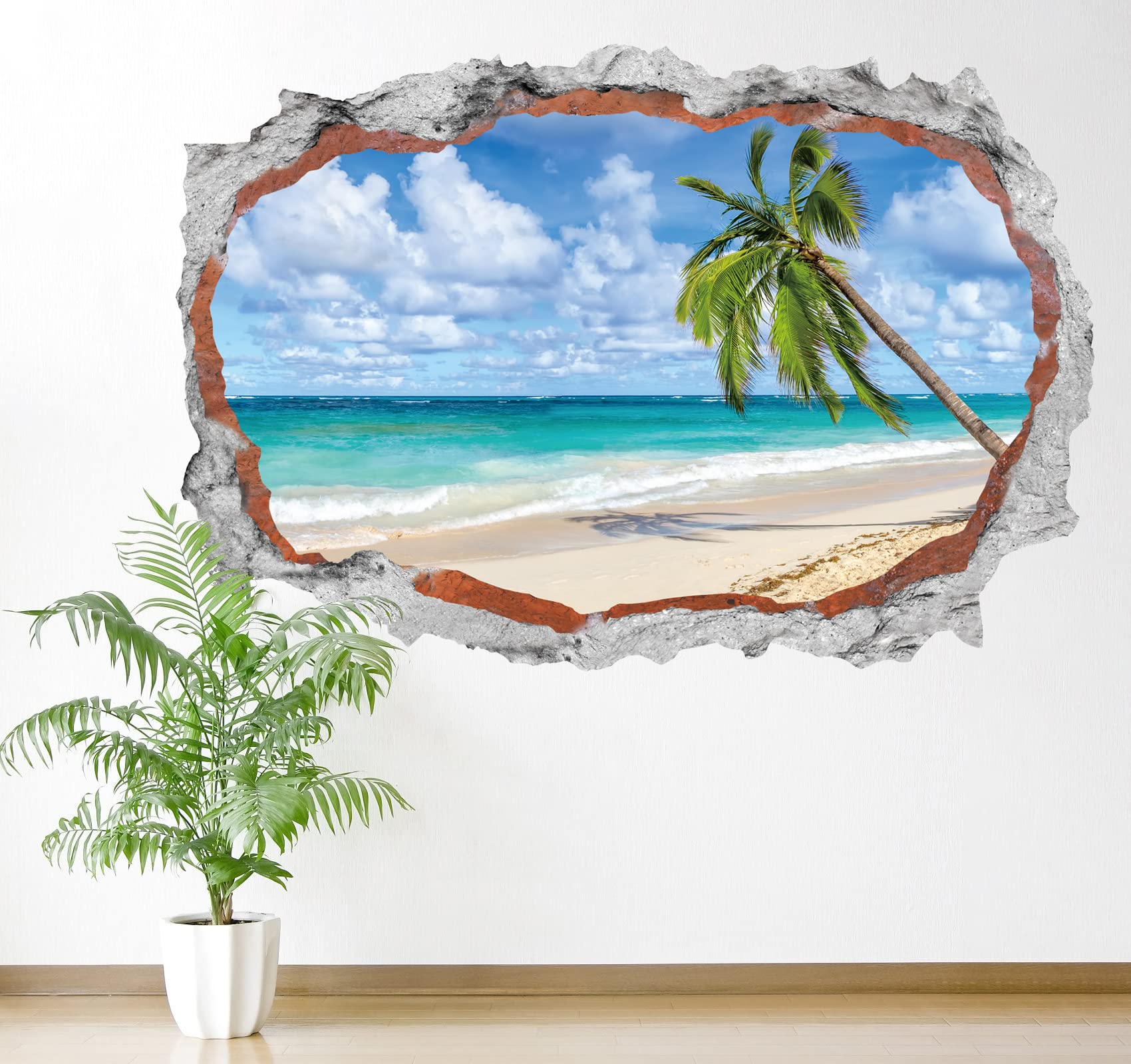HPNIUB 3D Beach Wall Stickers,3D Sea View Wall Art for Living Room,Landscape Broken Wall Sticker,Beach Coconut Tree Wall Decal,Sea Scenery Wall Mural Sticker for Bedroom Bathroom Kitchen Decor 59×88CM