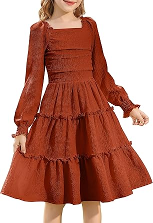 HOZIY Girls Long Sleeve Dress Ruched Smocked Tiered Ruffle A-Line Casual Boho Teen Dresses with Pocket Size 6-16 Years