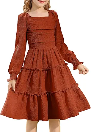 HOZIY Girls Long Sleeve Dress Ruched Smocked Tiered Ruffle A-Line Casual Boho Teen Dresses with Pocket Size 6-16 Years
