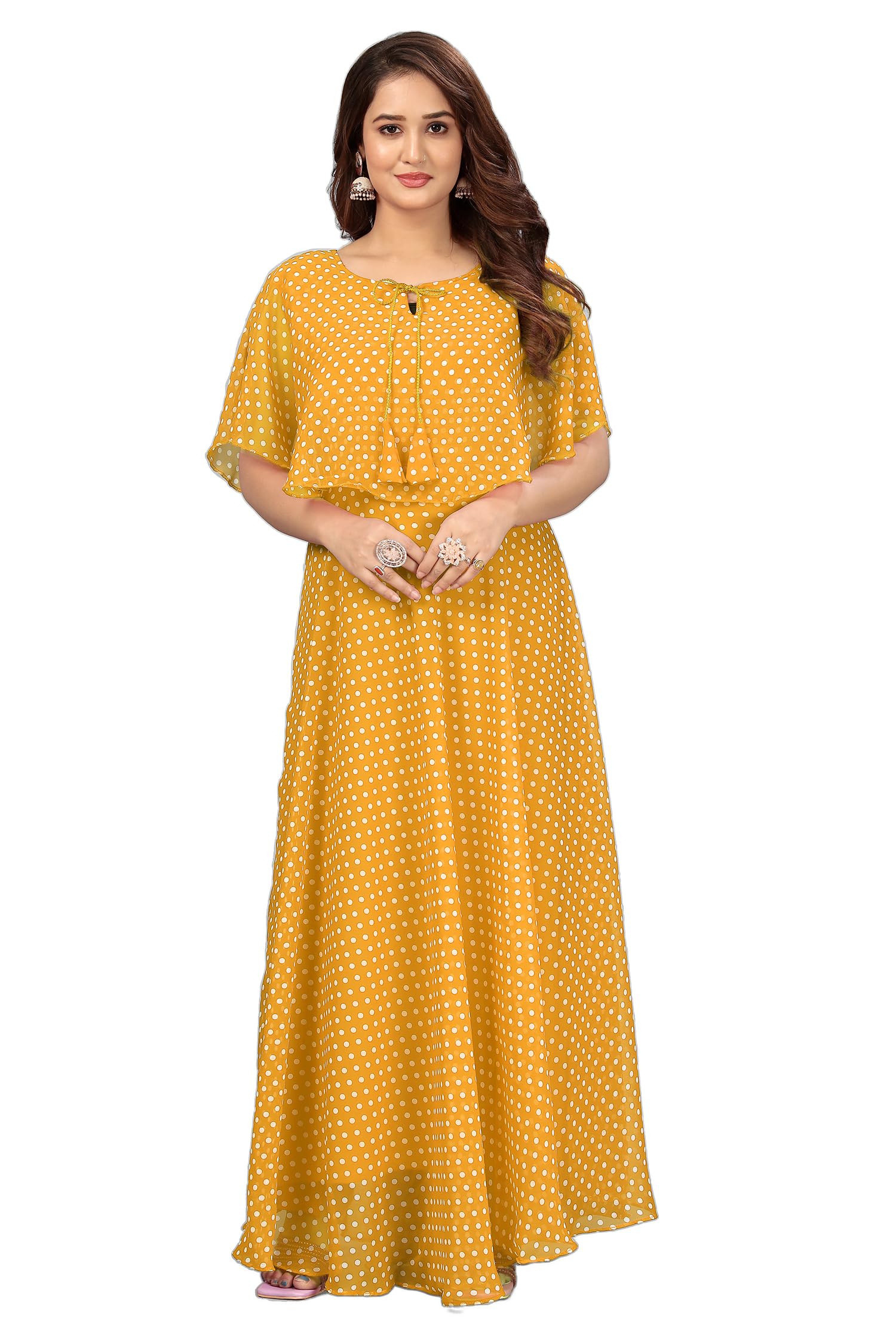 Women's Maxi Length Flared Gown in Georgette Fabric | Polka Dot Print Long Dress for Girls & Woman-image-44