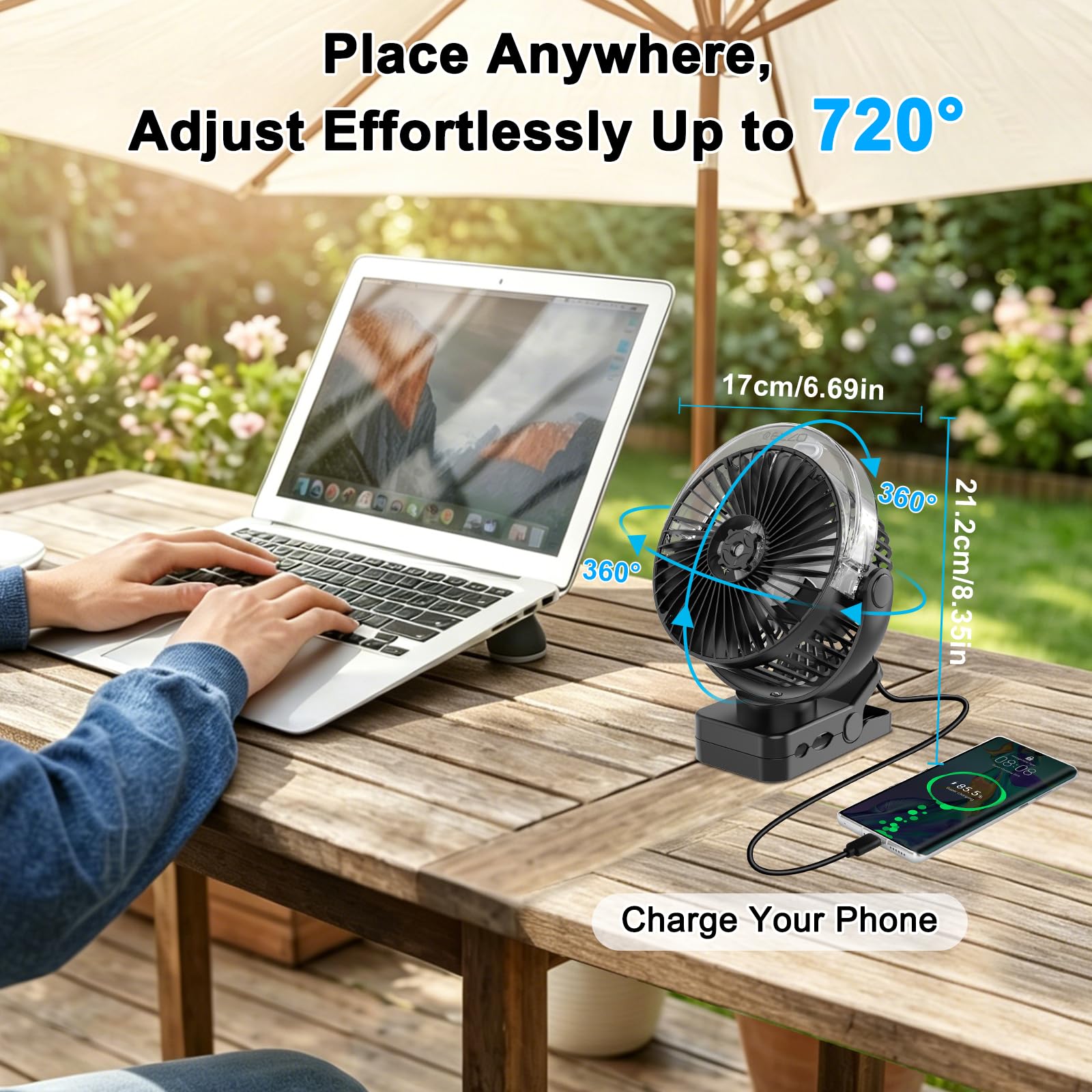 ELZO Ventilatore da campeggio da 12000 mAh, ventilatore da tavolo USB con luce a LED e funzione spray, gancio di sospensione e chiusura magnetica, silenzioso ventilatore a clip di rotazione a 360°