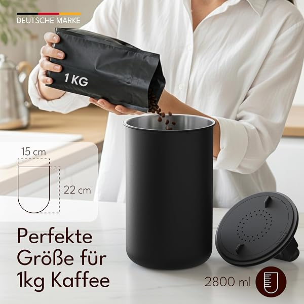 KC Kitchen & Co. Barattolo ermetico per chicchi di caffè da 1 kg, con coperchio sottovuoto (supporto per caffè, tè, barattolo in acciaio inox, chiusura aroma, barattolo di latta, nero opaco, 2800 ml - 2